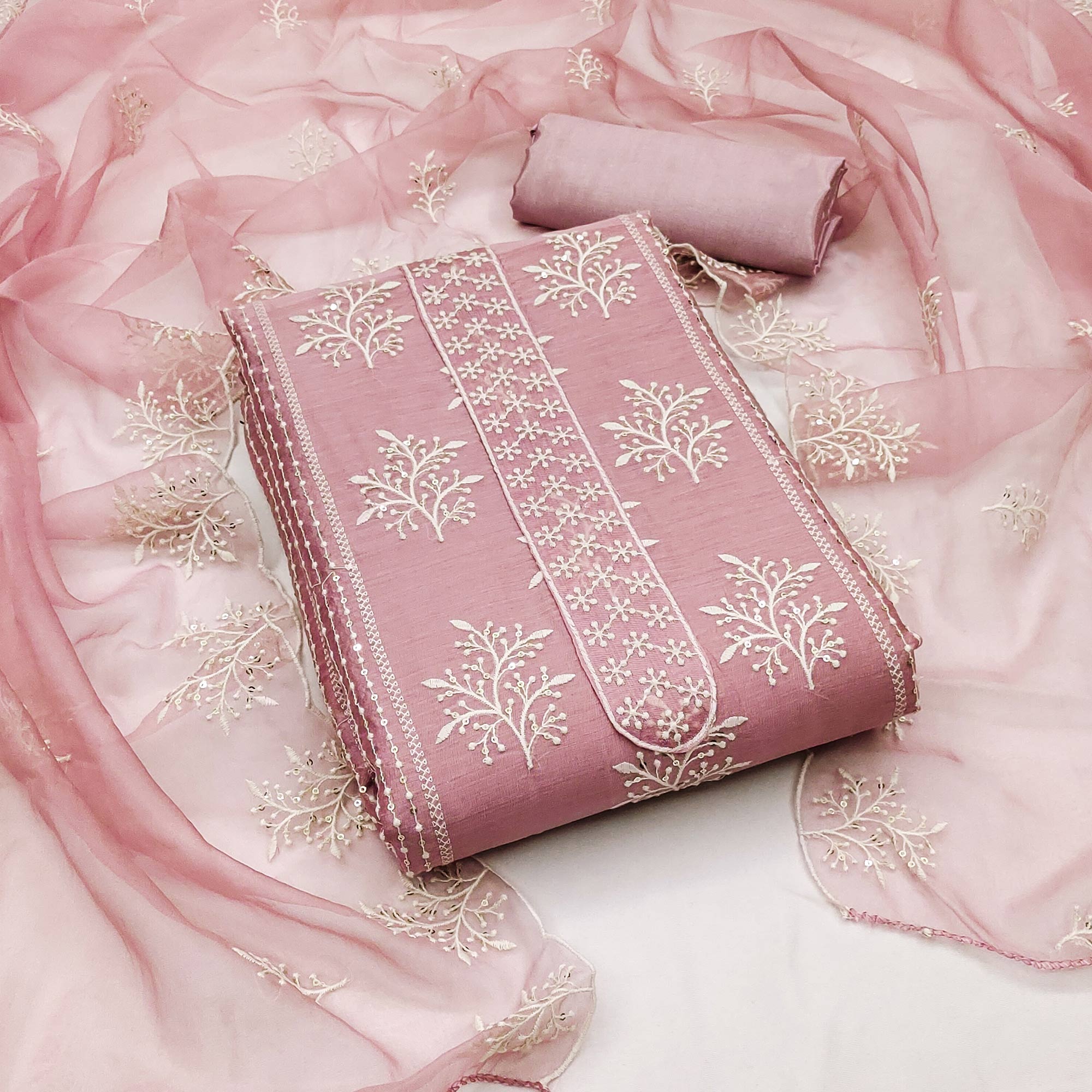 Pink Embroidered Chanderi Dress Material
