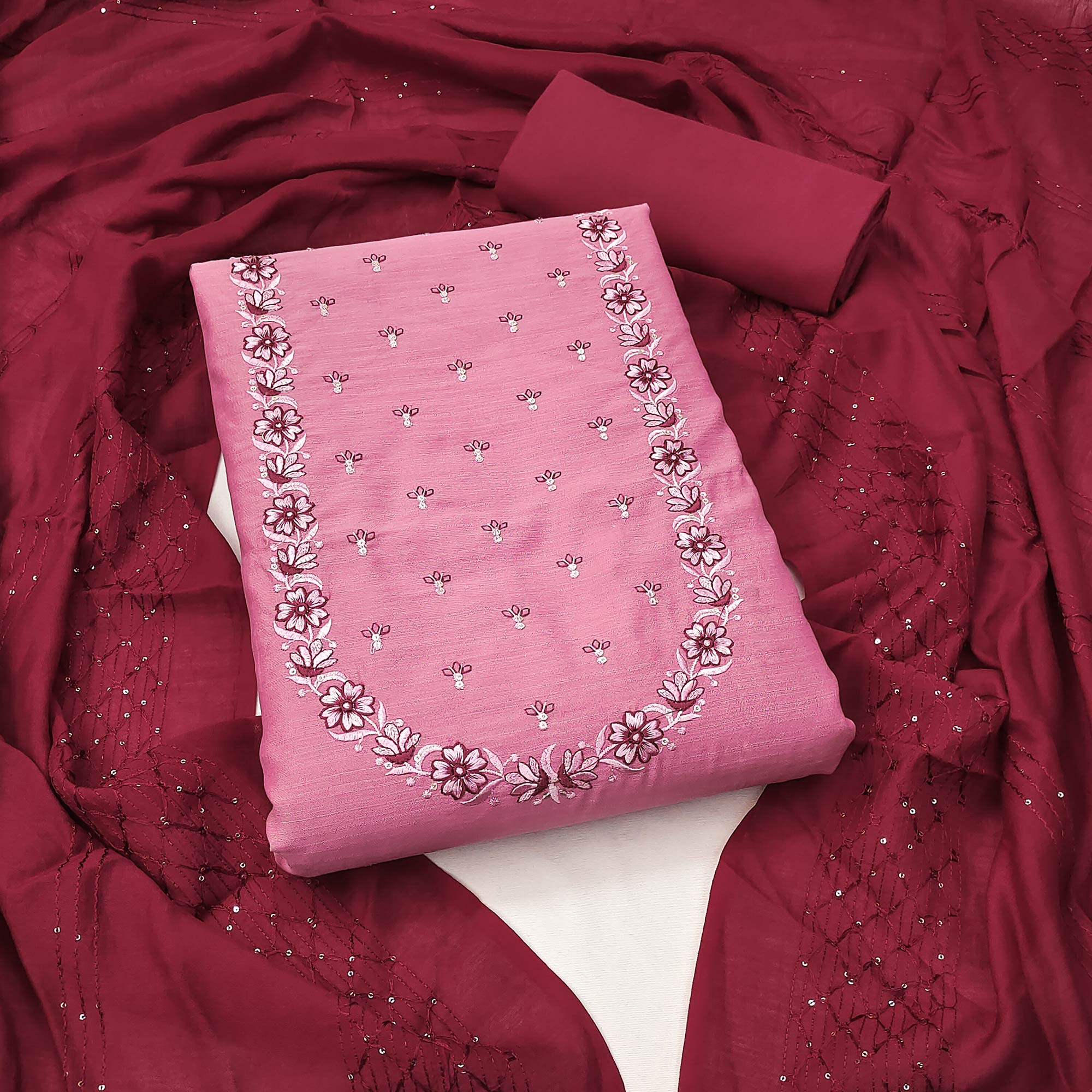 Pink Embroidered viscose Dress Material