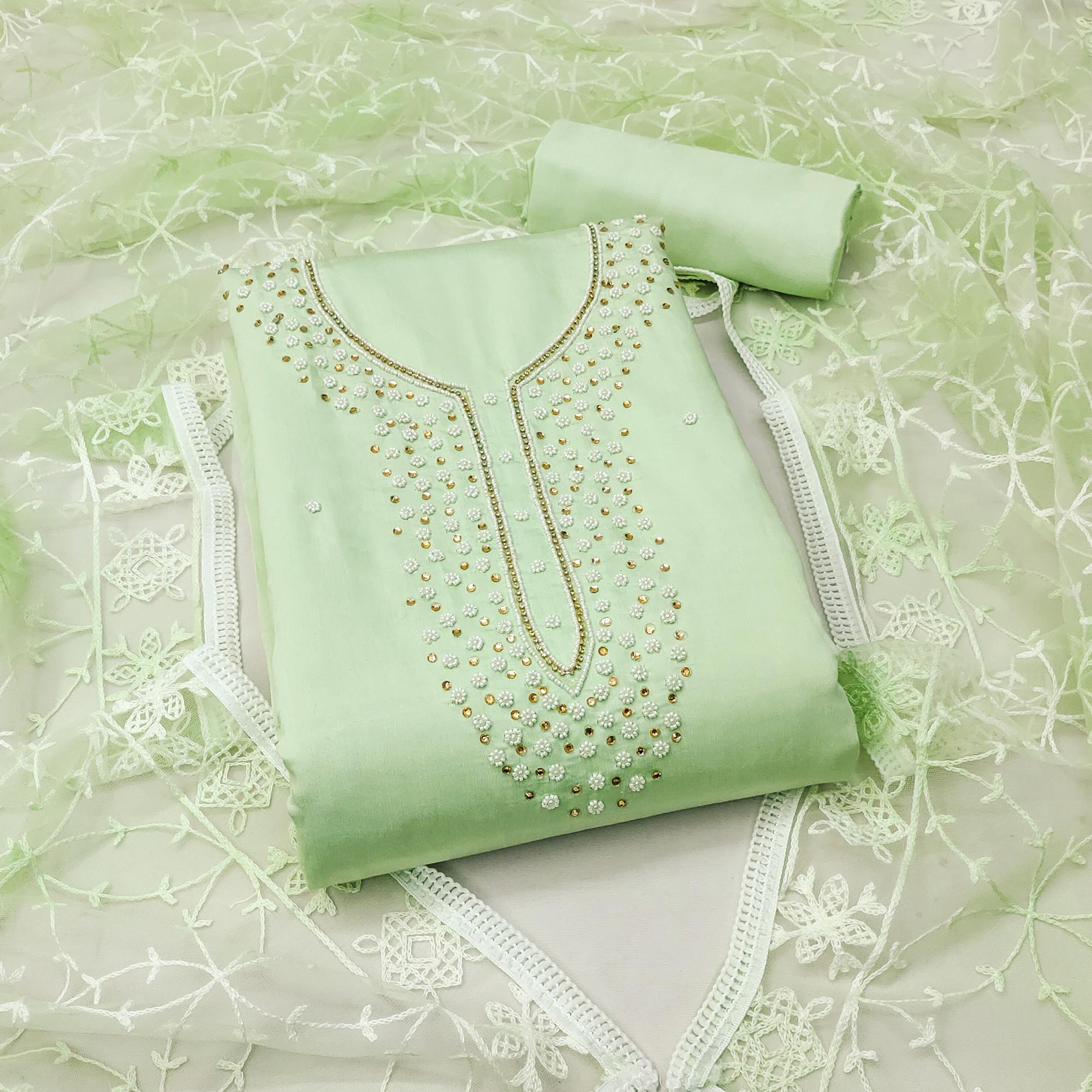 Pista Green Bead & Stones Embroidered Viscose Dress Material