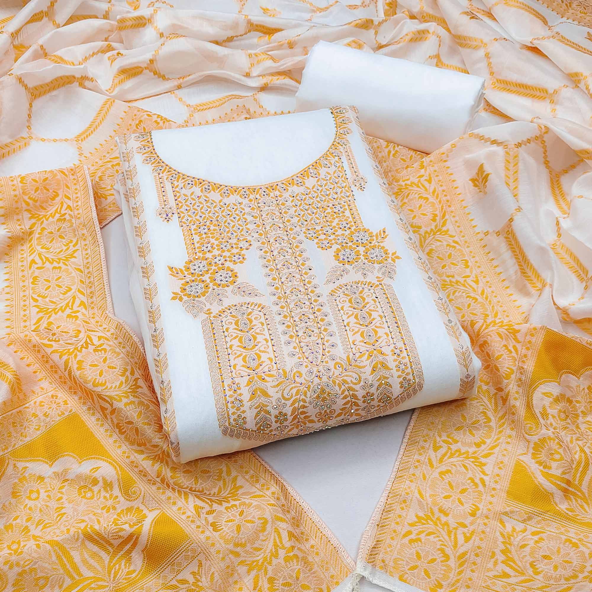 White & Mustard Woven Dola Silk Dress Material