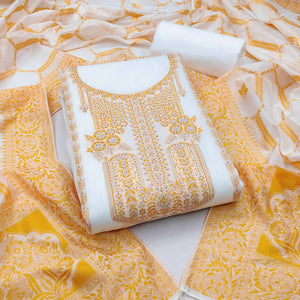 White & Mustard Woven Dola Silk Dress Material