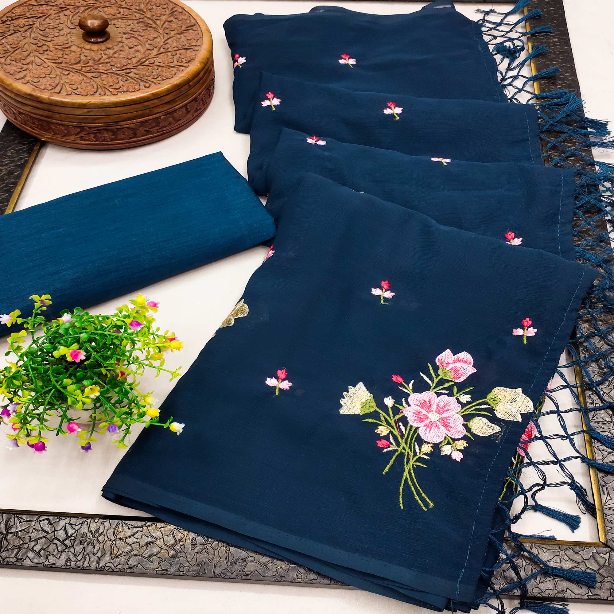 Blue Floral Embroidered Art Silk Saree