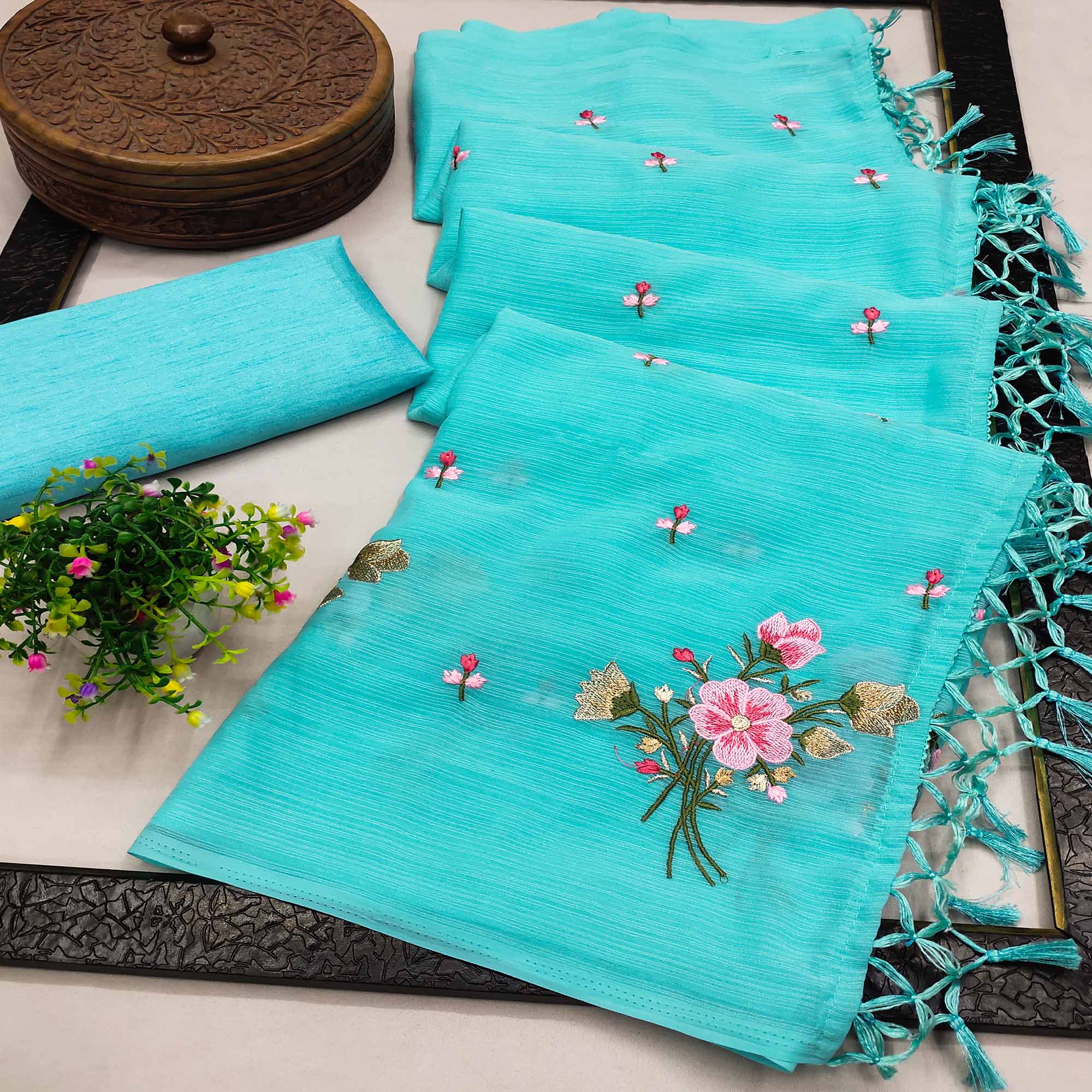 Turquoise Floral Embroidered Art Silk Saree