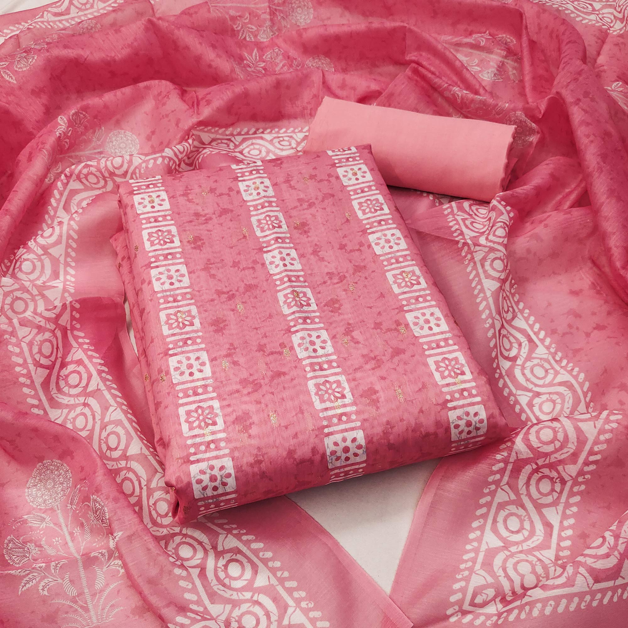 Pink Floral Printed Chanderi Dress Material