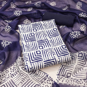 Blue Geometric Printed Pure Cotton Dress Material