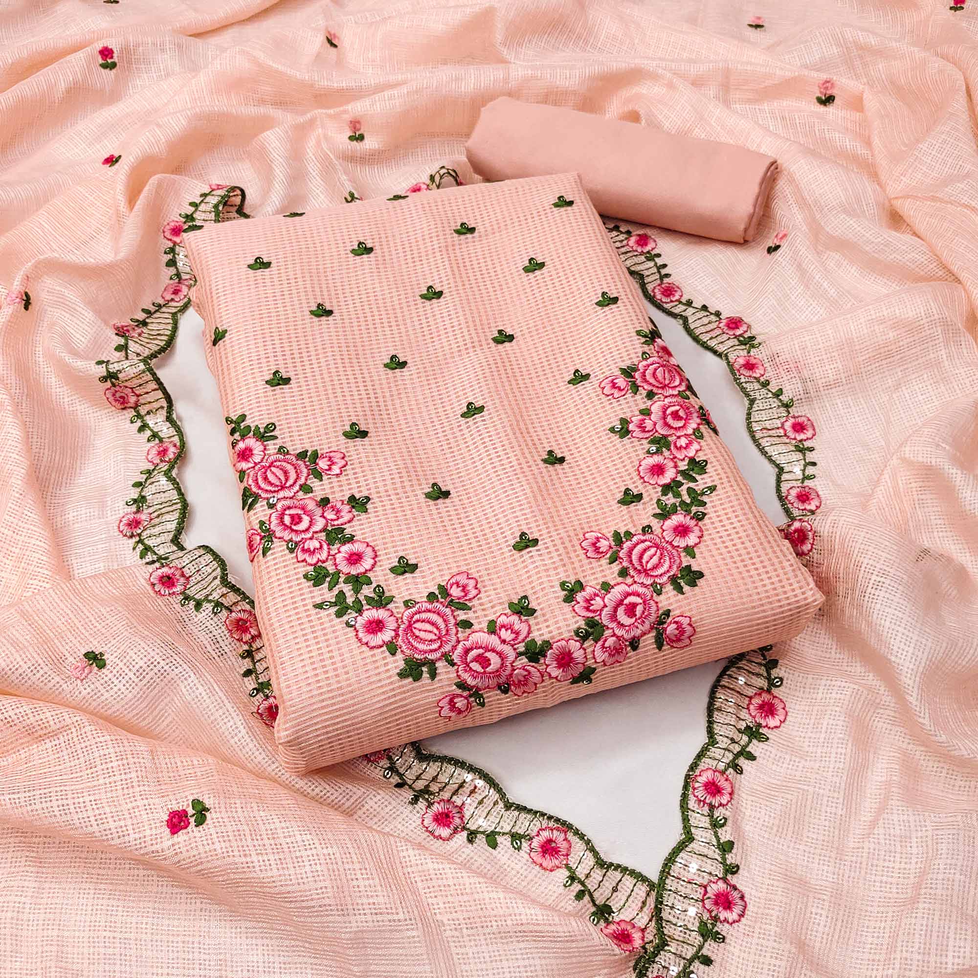 Peach Floral Embroidered Kota Doria Dress Material