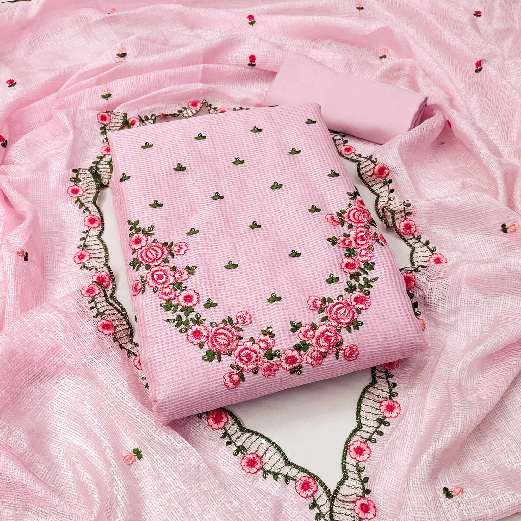 Pink Floral Embroidered Kota Doria Dress Material