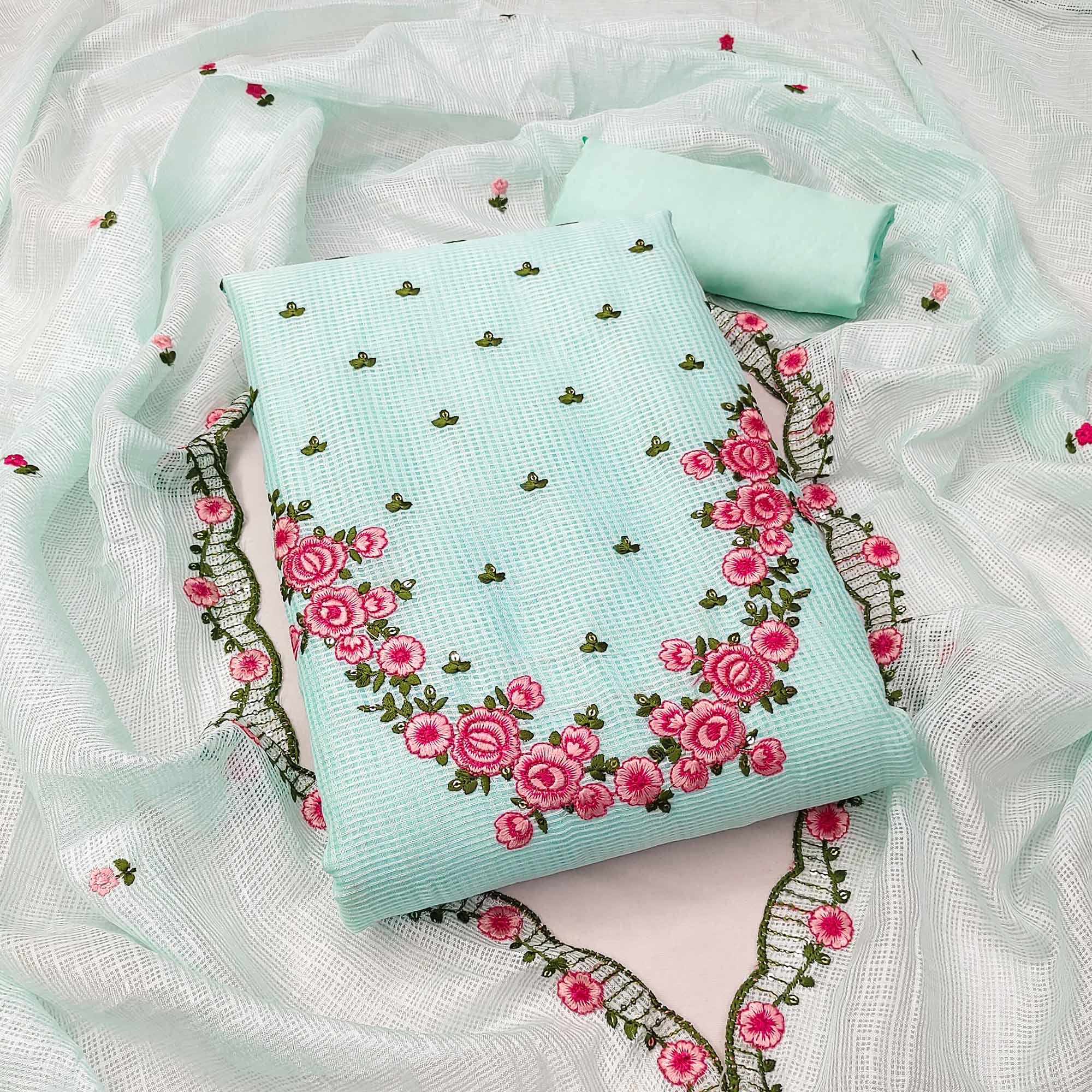 Sea Green Floral Embroidered Kota Doria Dress Material