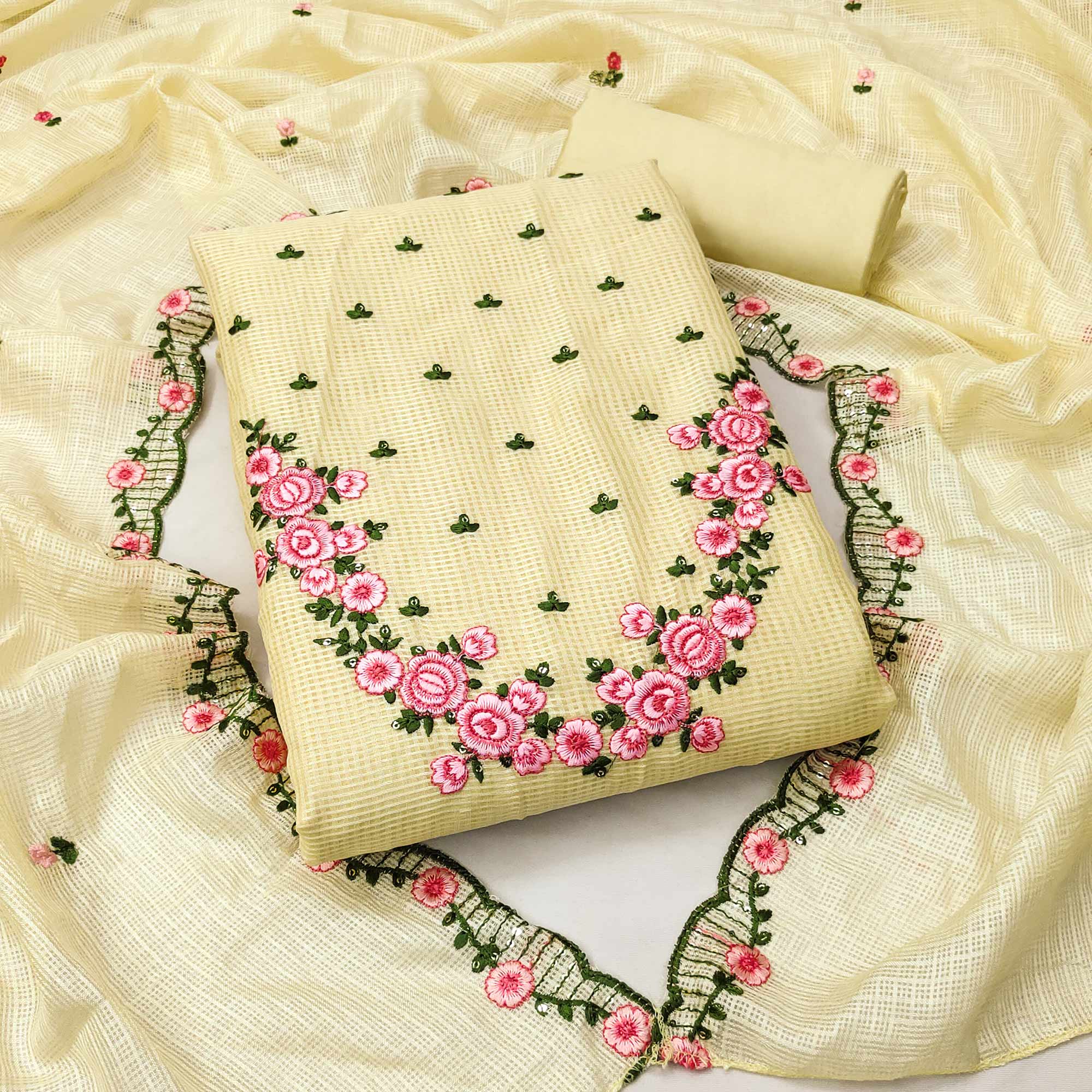 Yellow Floral Embroidered Kota Doria Dress Material