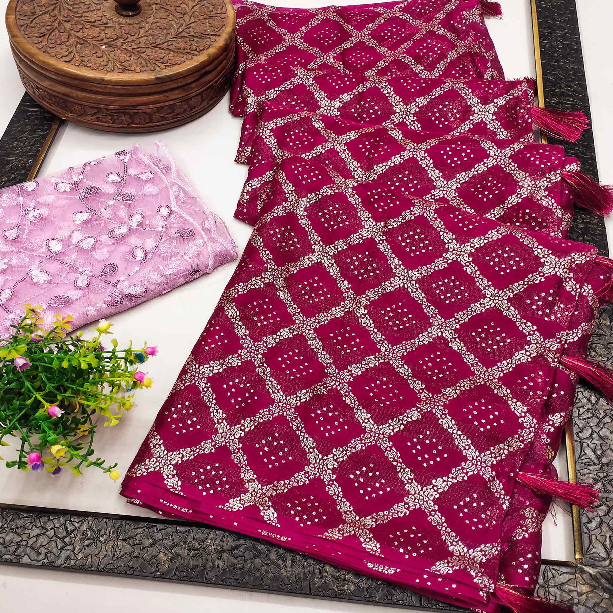 Pink Foil Printed Chiffon Saree