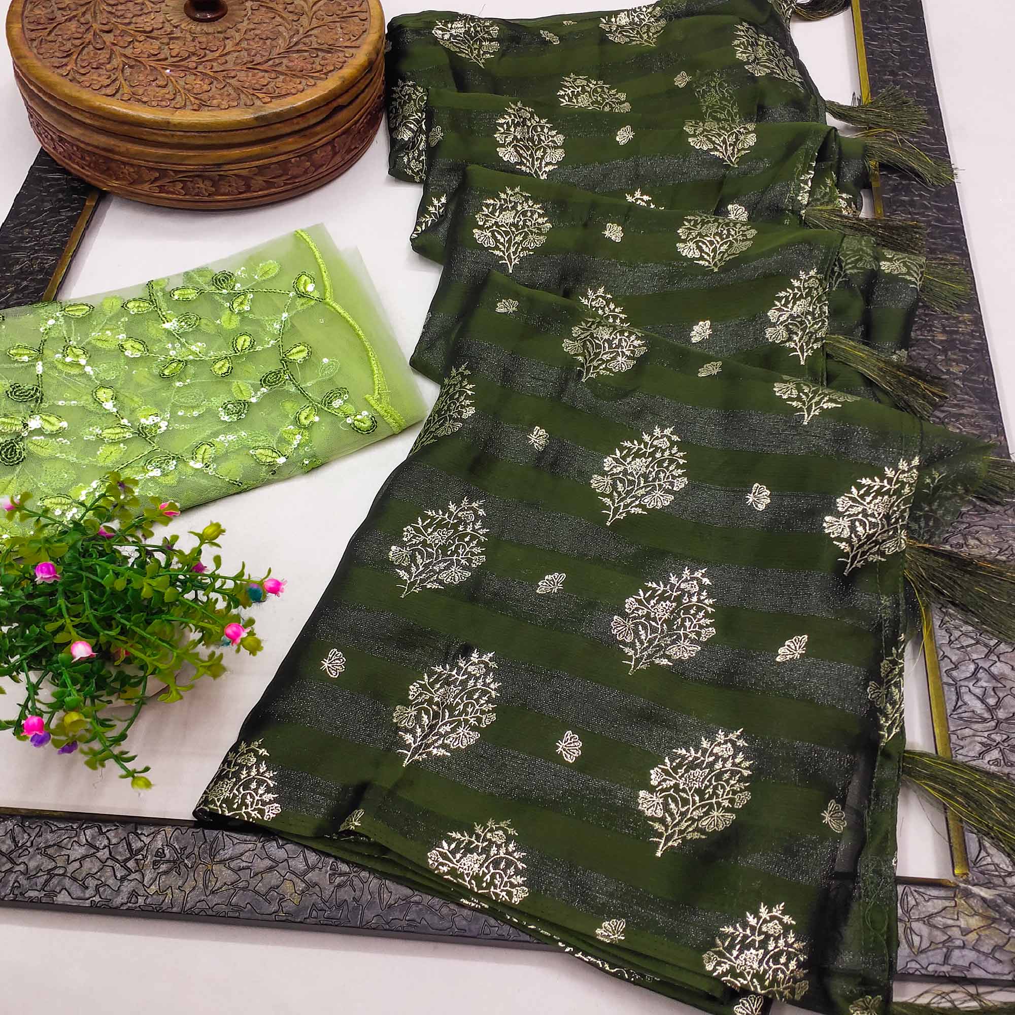 Mehendi Green Foil Printed Chiffon Saree