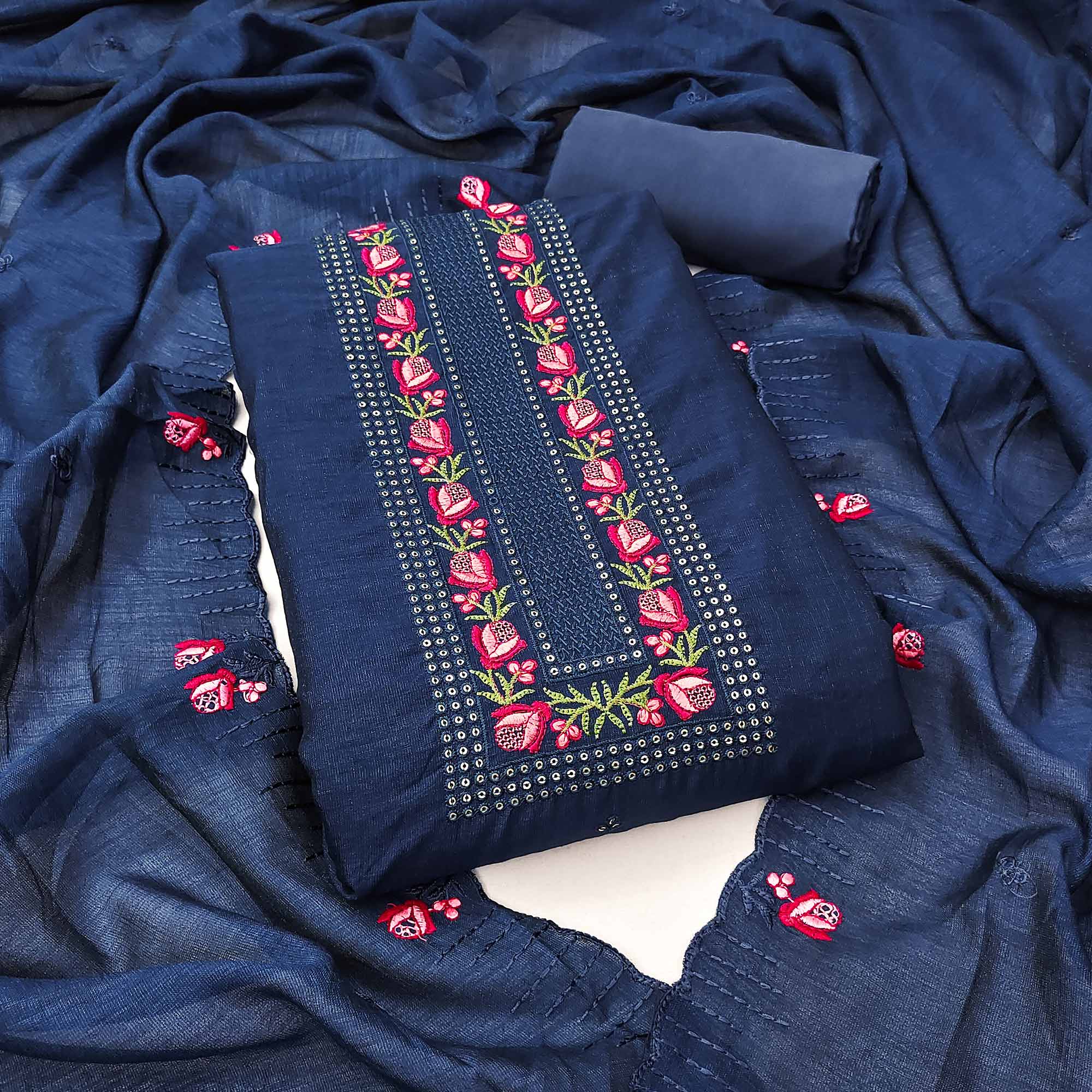 Blue Embroidered Vichitra Silk Dress Material