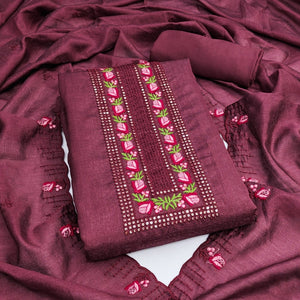 Dark Mauve Embroidered Vichitra Silk Dress Material