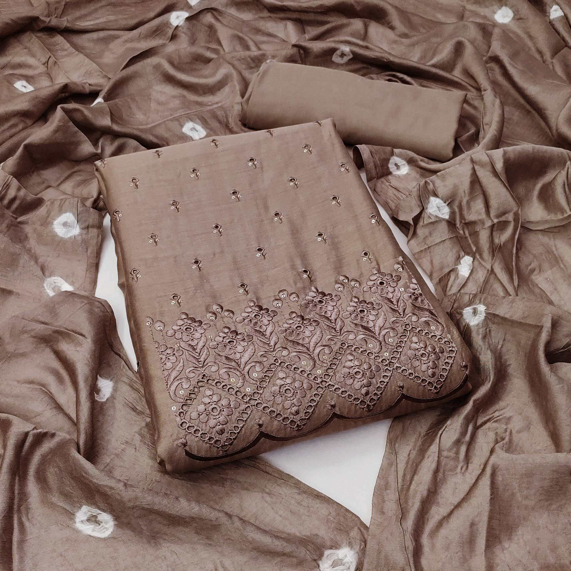 Brown Embroidered Cotton Blend Dress Material