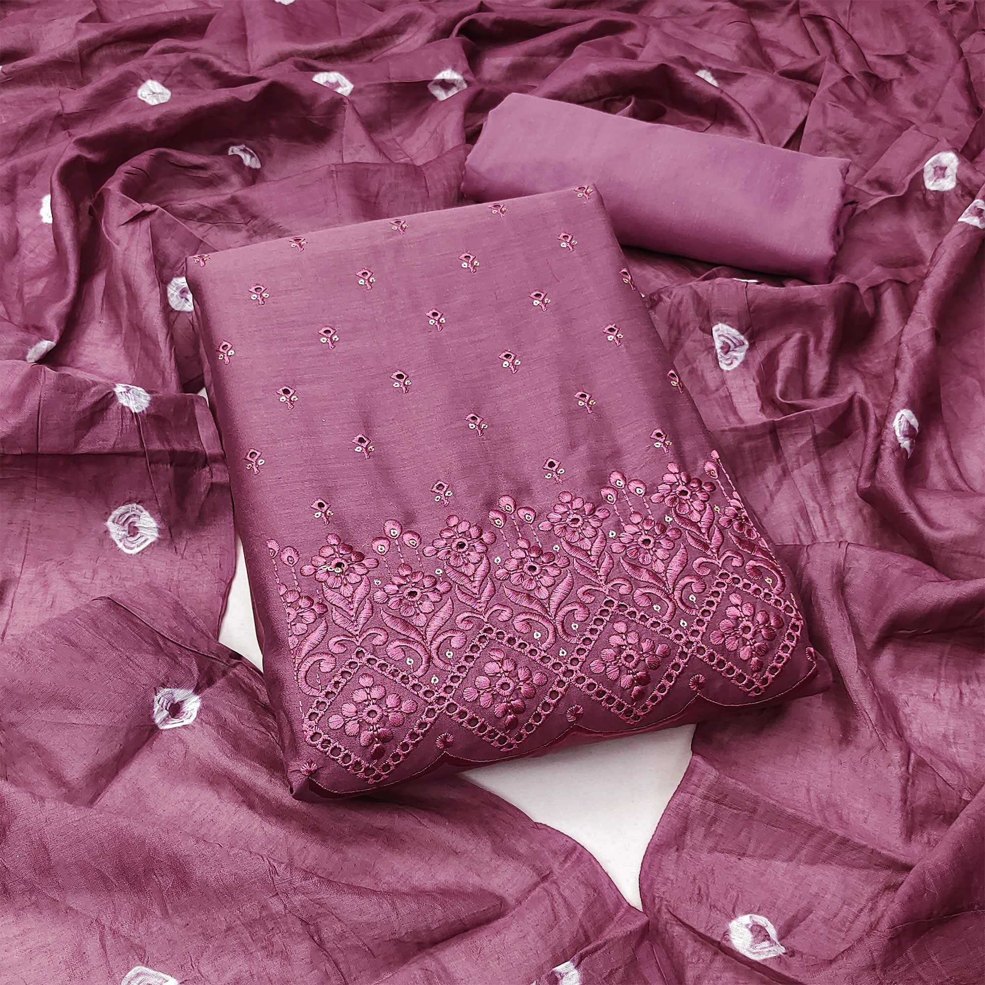 Purple Embroidered Cotton Blend Dress Material