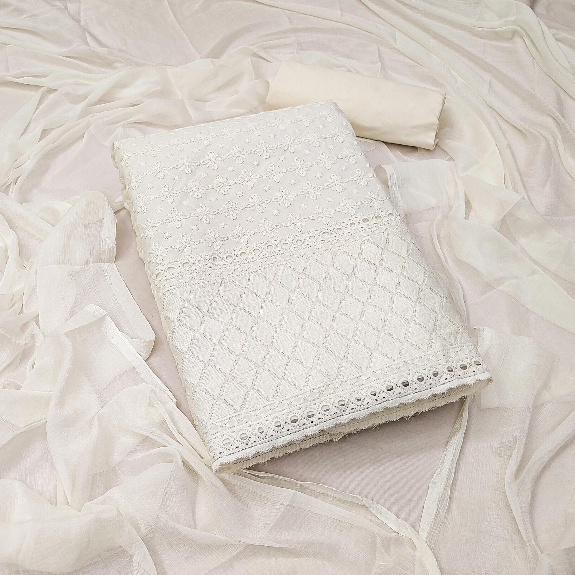 Off White Lucknowi Embroidered Pure Cotton Dress Material