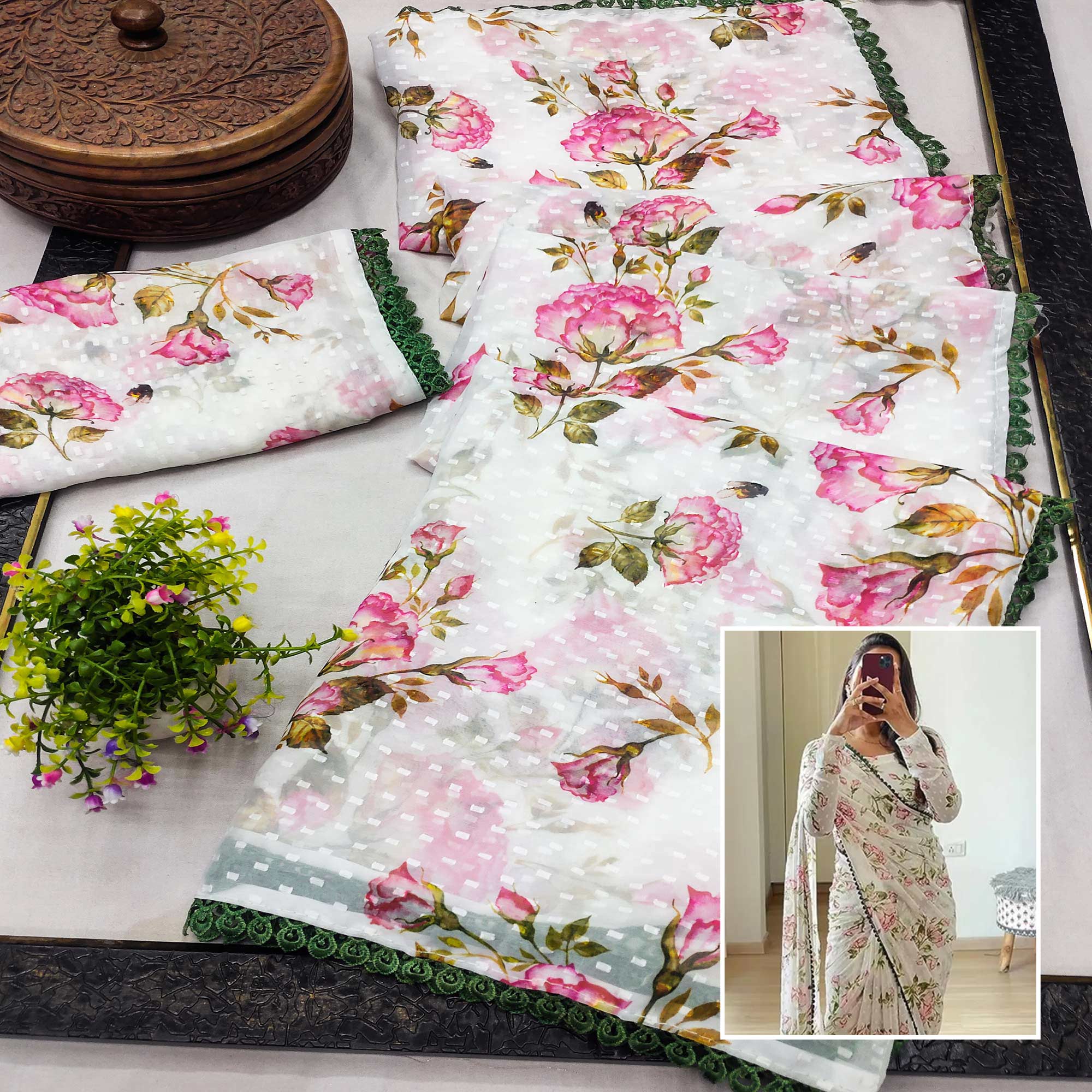 White Floral Printed Georgette Saree