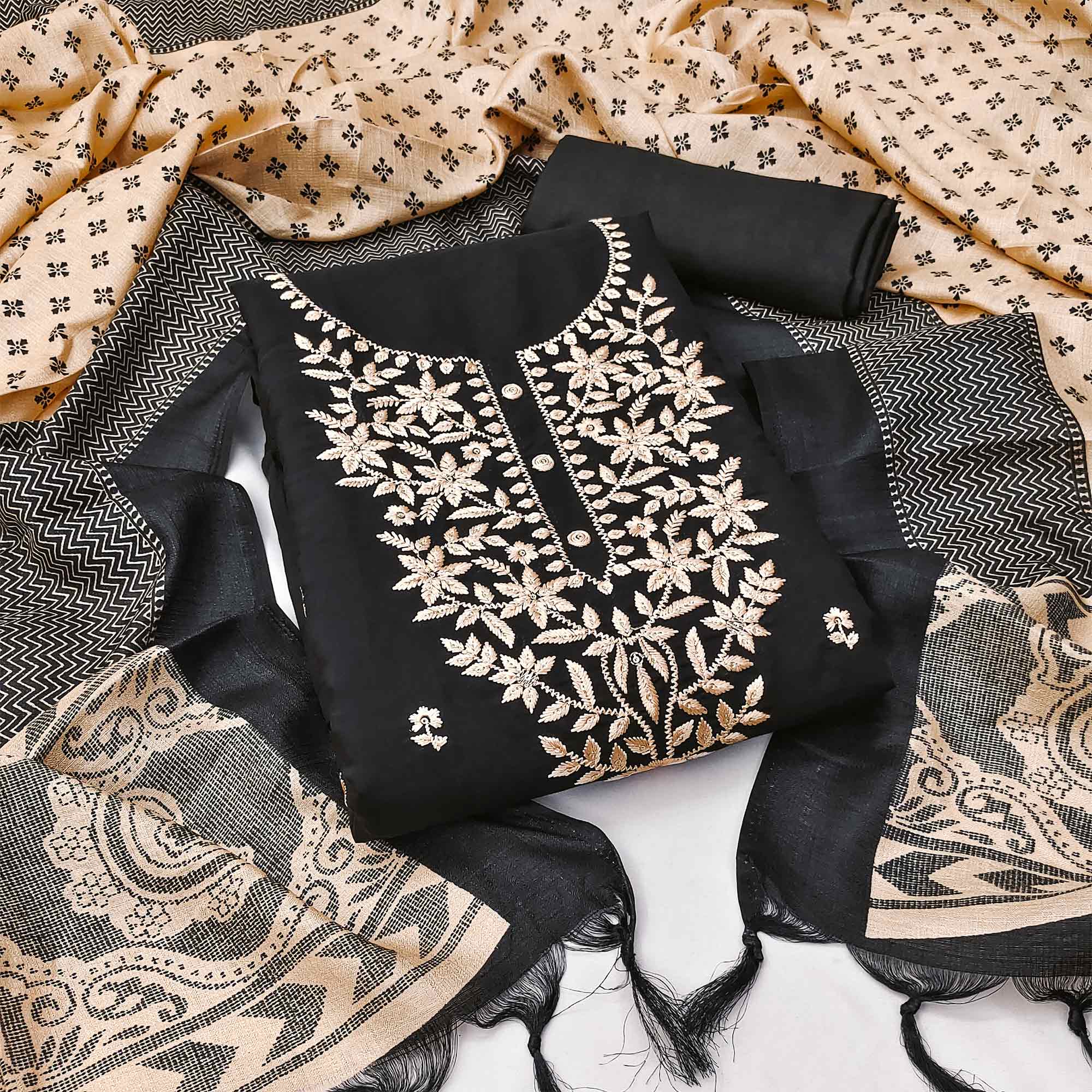 Black Embroidered Viscose Dress Material