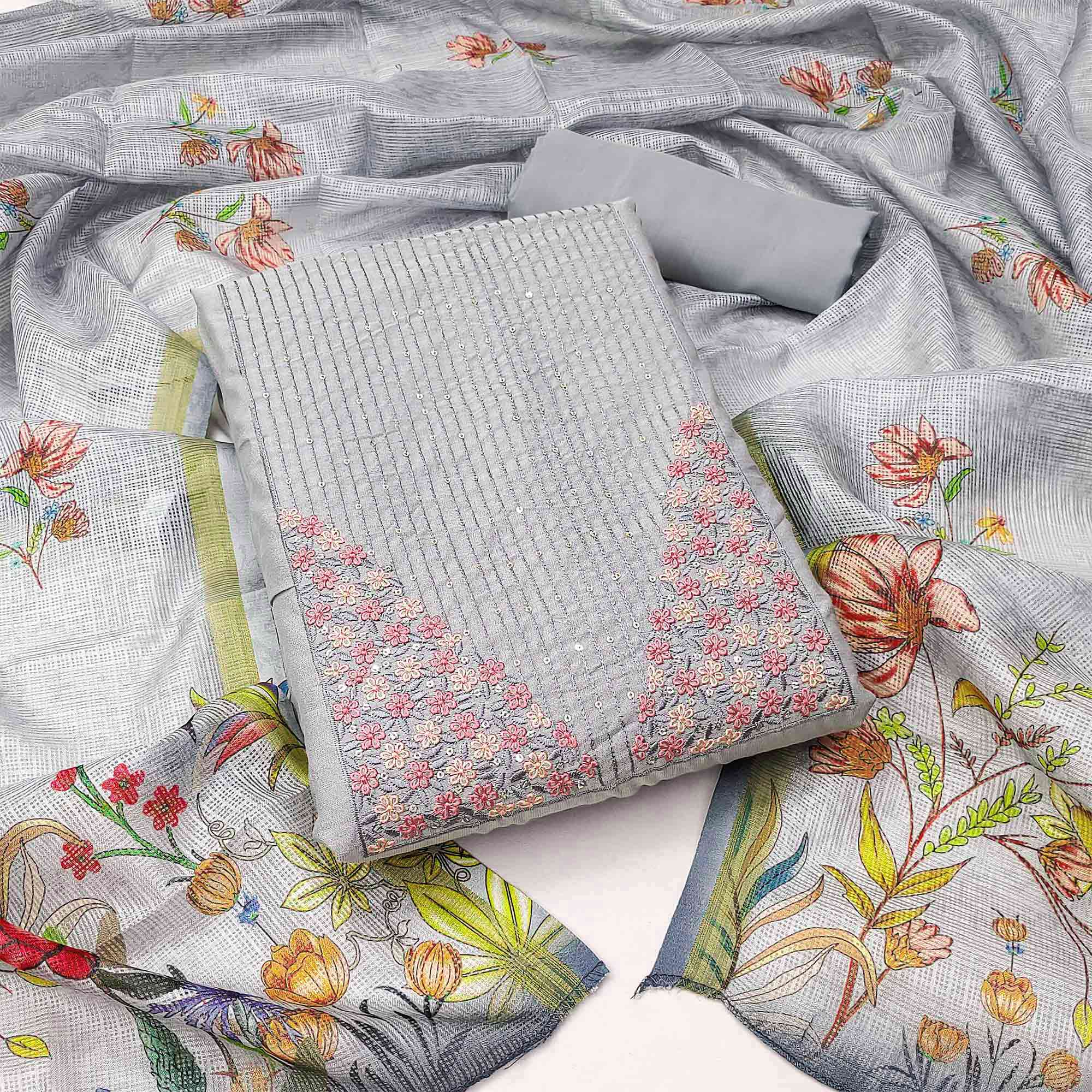 Grey Floral Embroidered Pure Cotton Dress Material