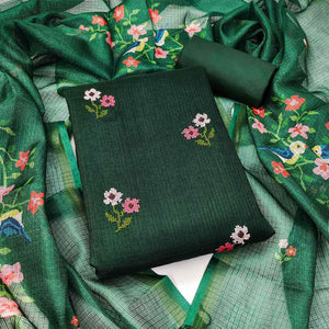 Dark Green Floral Embroidered Kota Doria Dress Material