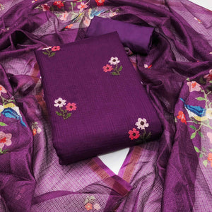 Dark Purple Floral Embroidered Kota Doria Dress Material