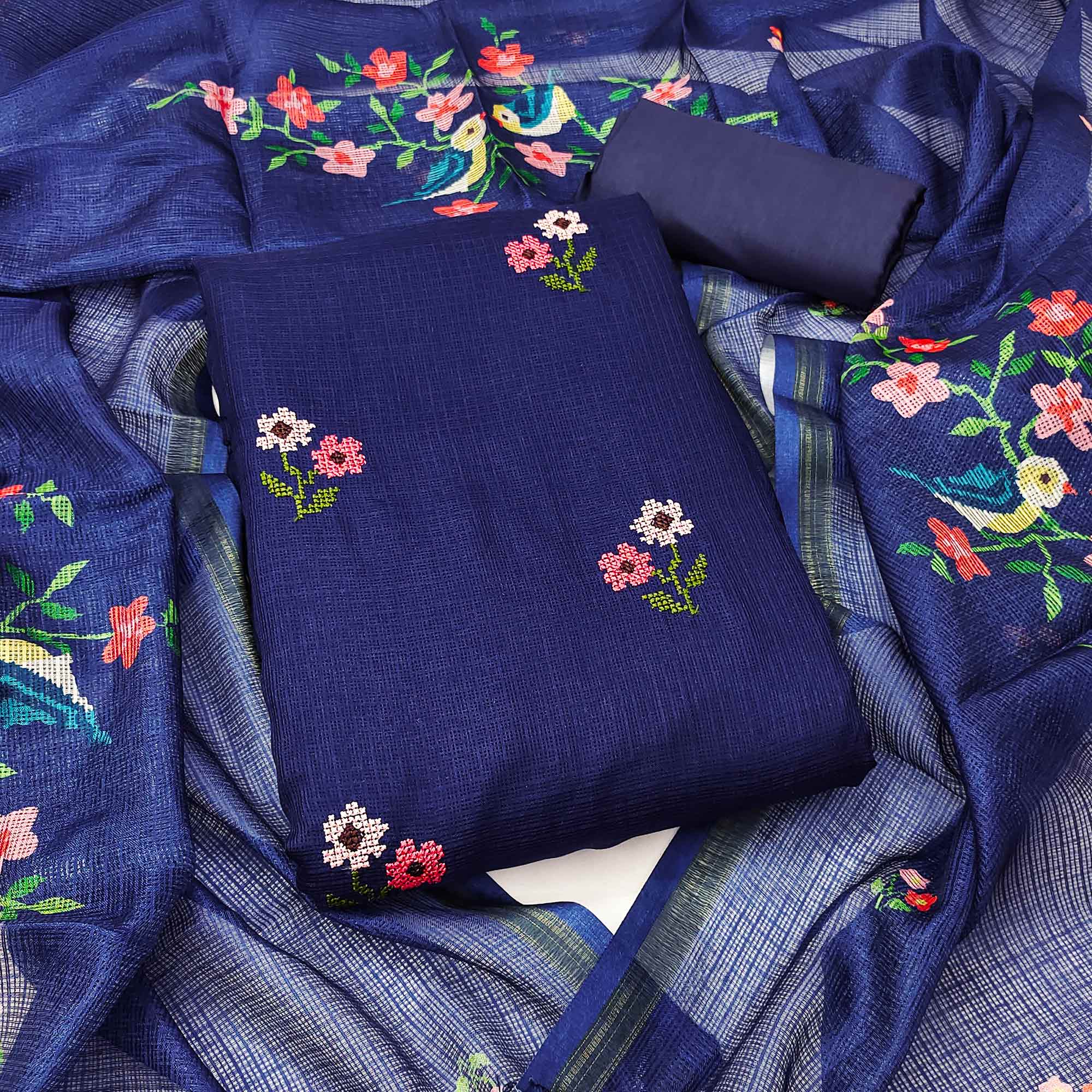 Navy Blue Floral Embroidered Kota Doria Dress Material