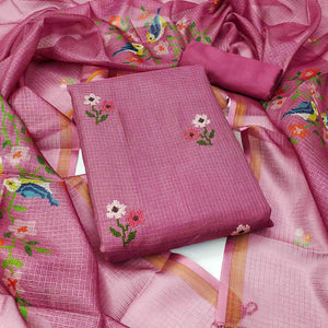 Onion Pink Floral Embroidered Kota Doria Dress Material
