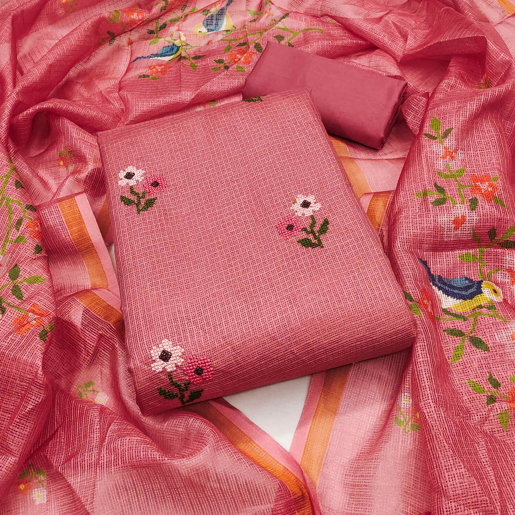 Peach Floral Embroidered Kota Doria Dress Material