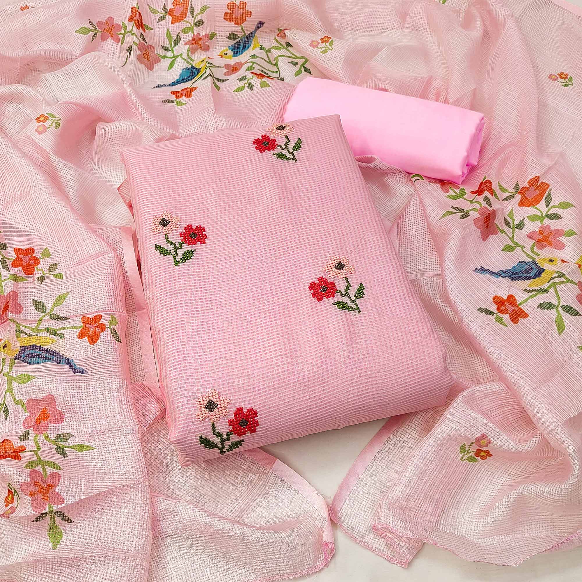 Pink Floral Embroidered Kota Doria Dress Material