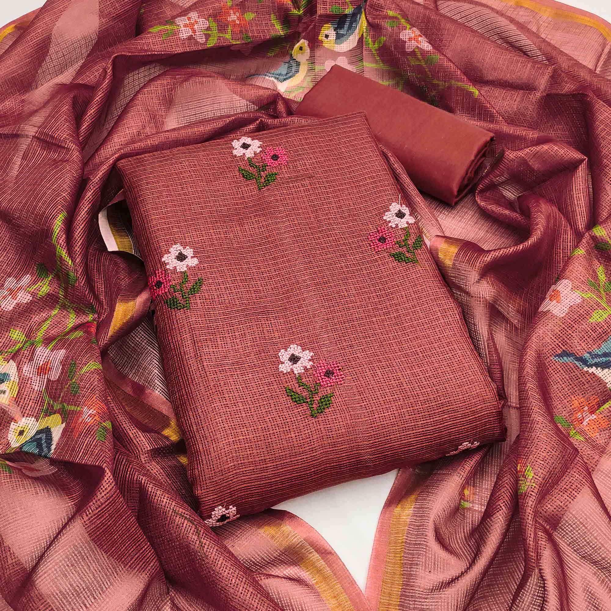 Unstitched Rust Suit Set in Soft Kota Doria Adorned with Floral Embroidery