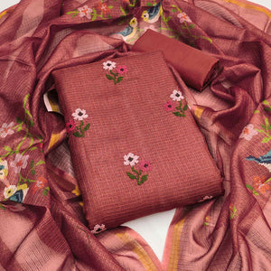 Unstitched Rust Suit Set in Soft Kota Doria Adorned with Floral Embroidery