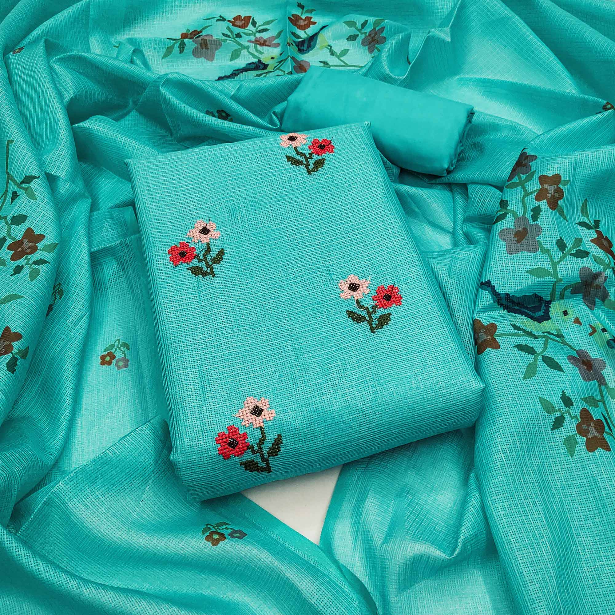 Unstitched Turquoise Suit Set in Soft Kota Doria Adorned with Floral Embroidery