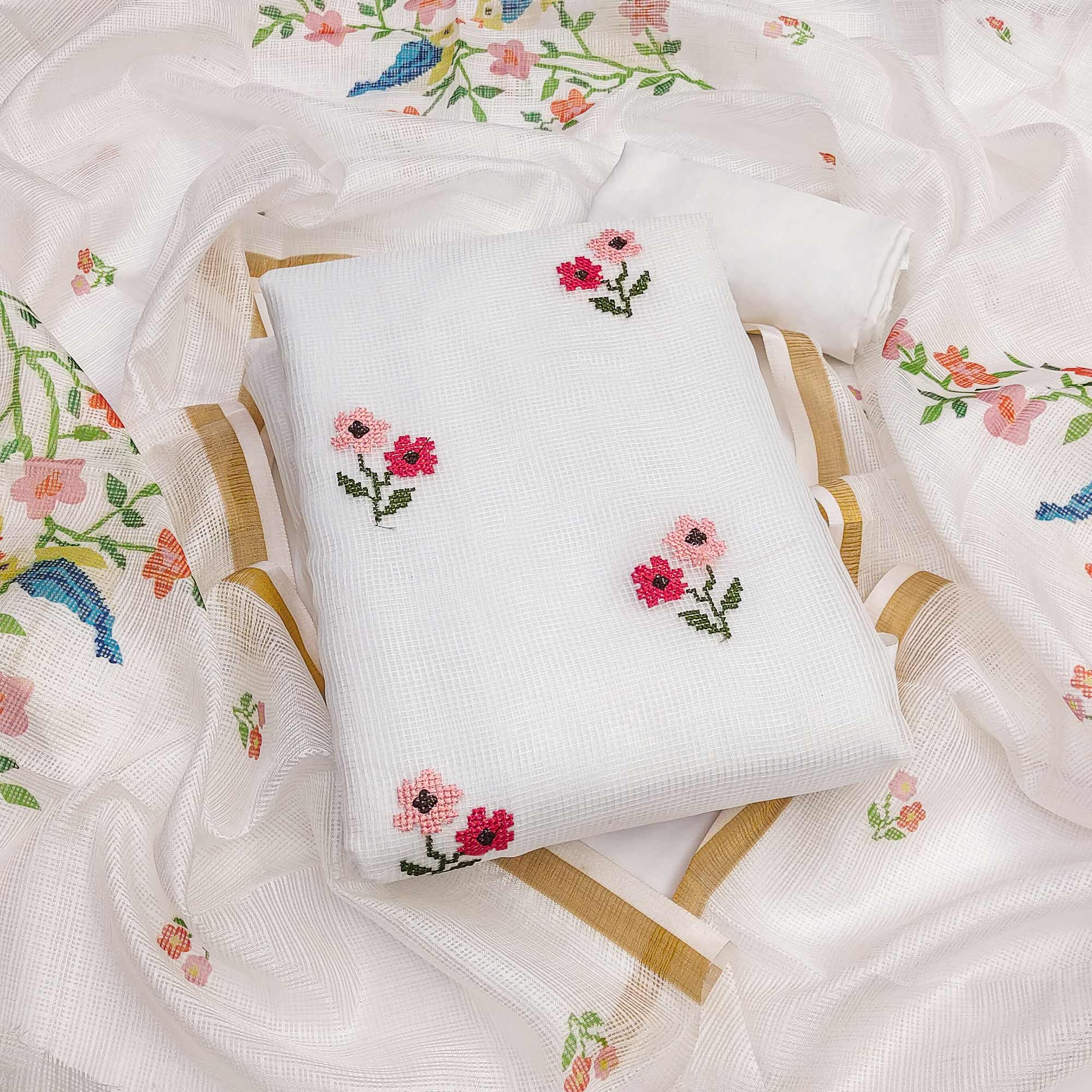 White Floral Embroidered Kota Doria Dress Material White Floral Embroidered Kota Doria Dress Material