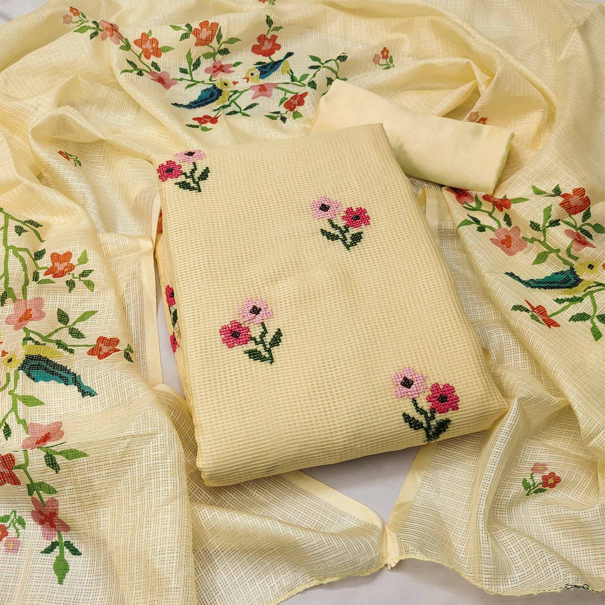 Yellow Floral Embroidered Kota Doria Dress Material