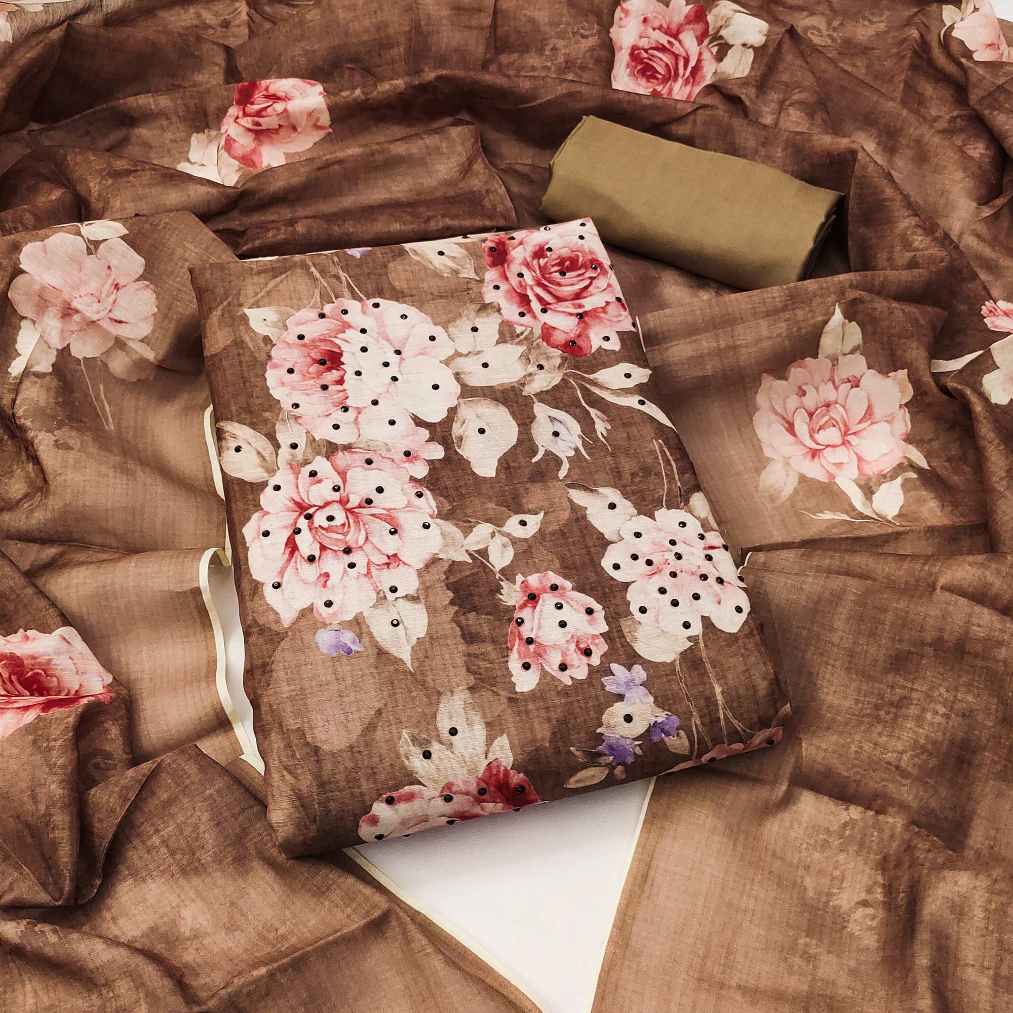 Brown Floral Printed Chanderi Dress Material