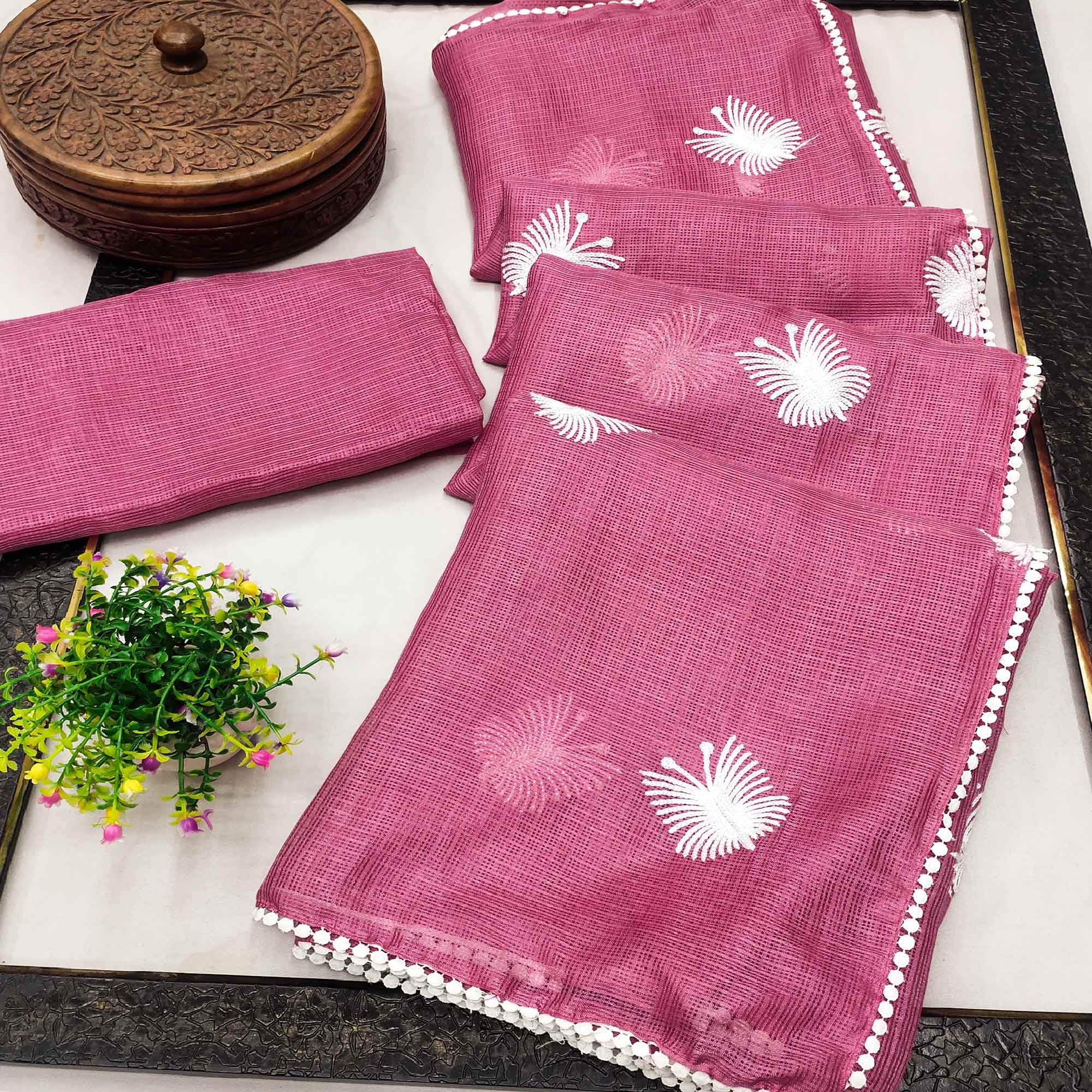 Pink Embroidered Kota Doria Saree