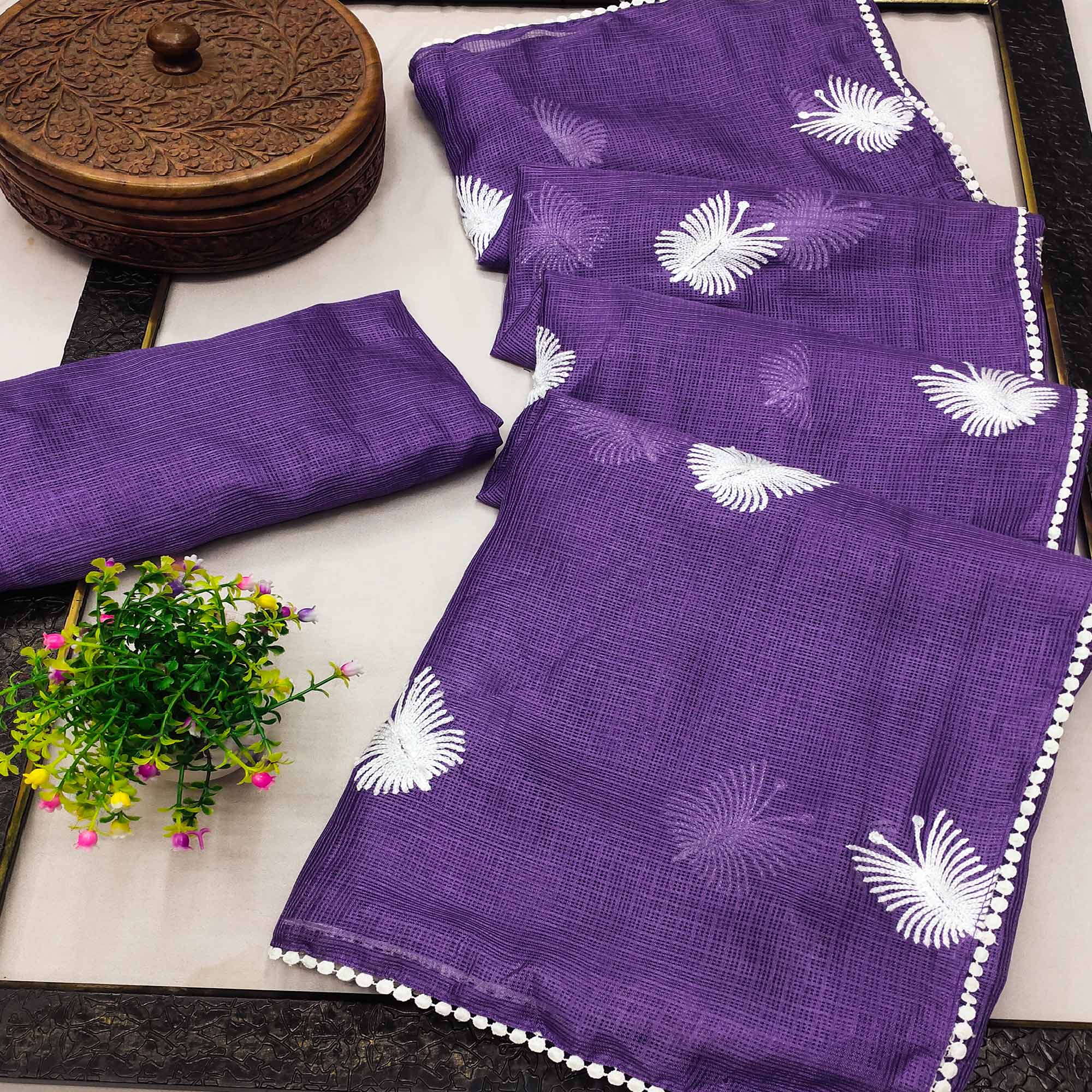 Purple Embroidered Kota Doria Saree