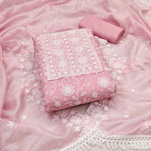 Pink Floral Embroidered Kota Doria Dress Material