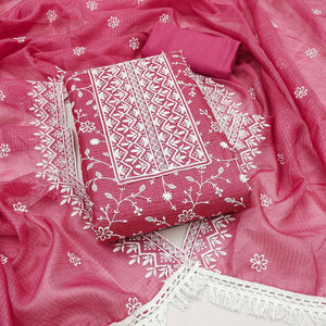 Pink Floral Embroidered Kota Doria Dress Material