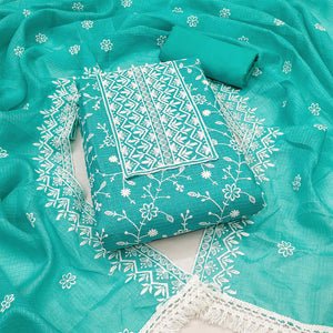 Turquoise Floral Embroidered Kota Doria Dress Material