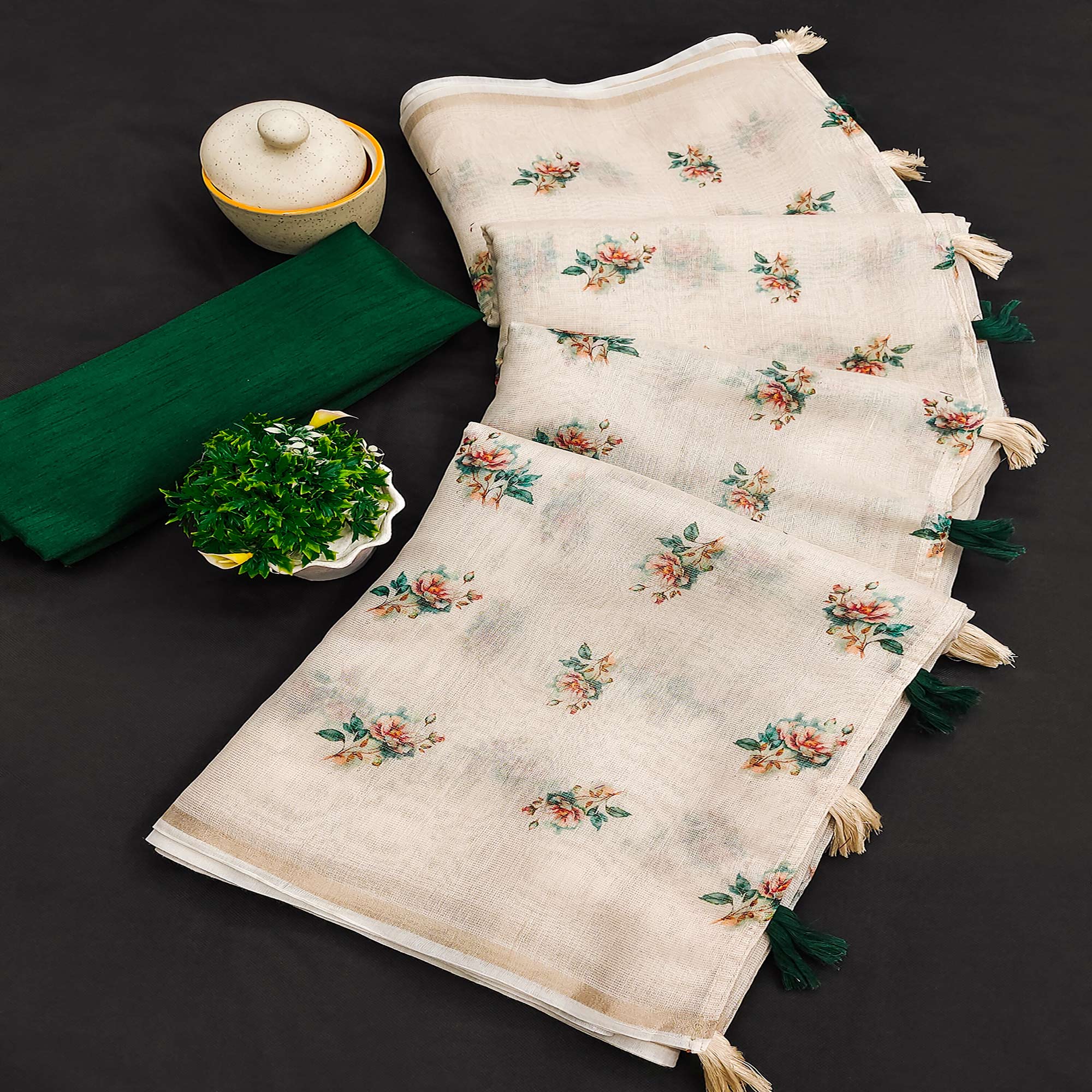 Cream & Green Floral Printed Cotton Silk Saree With Tassels