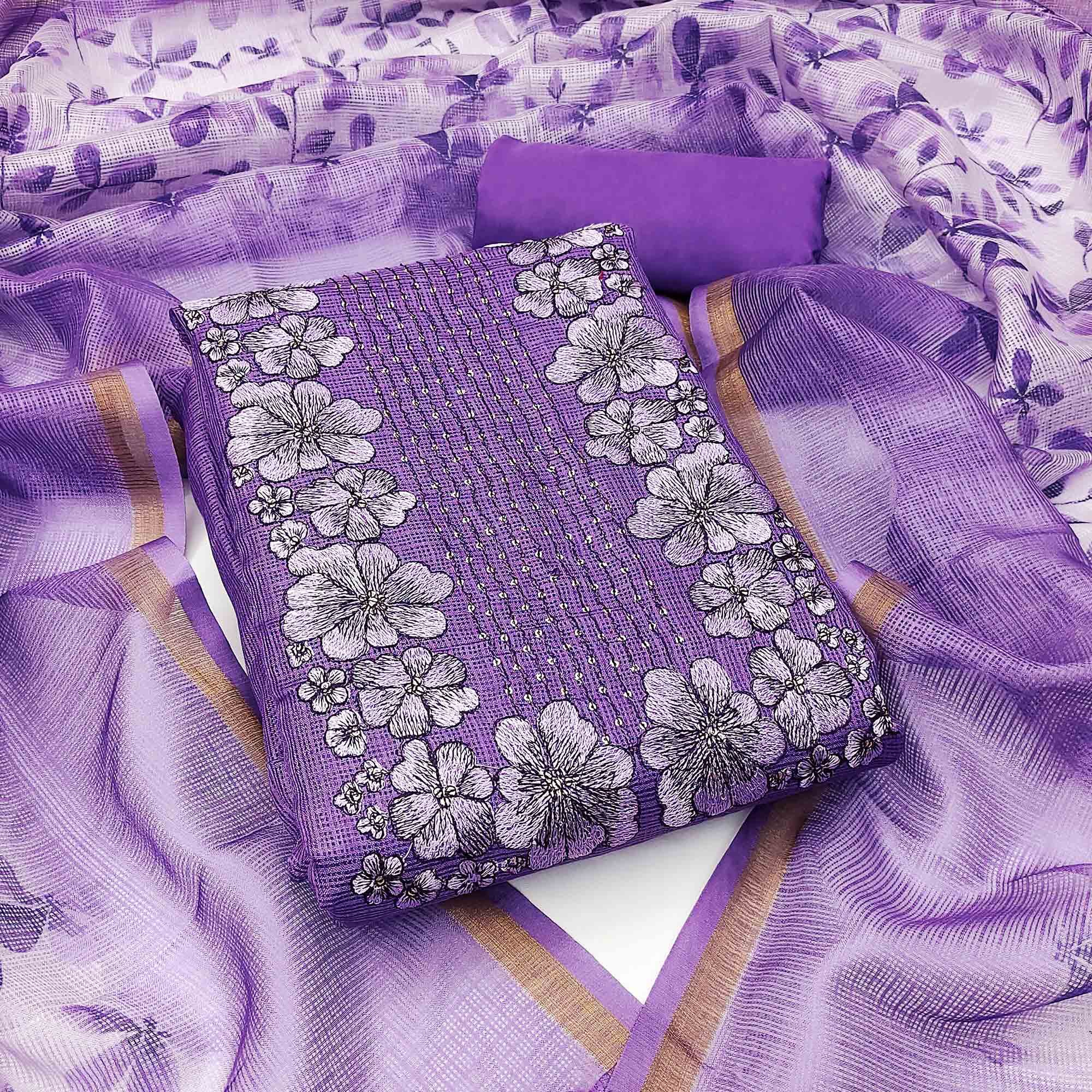 Lavender Floral Embroidered Kota Doria Dress Material