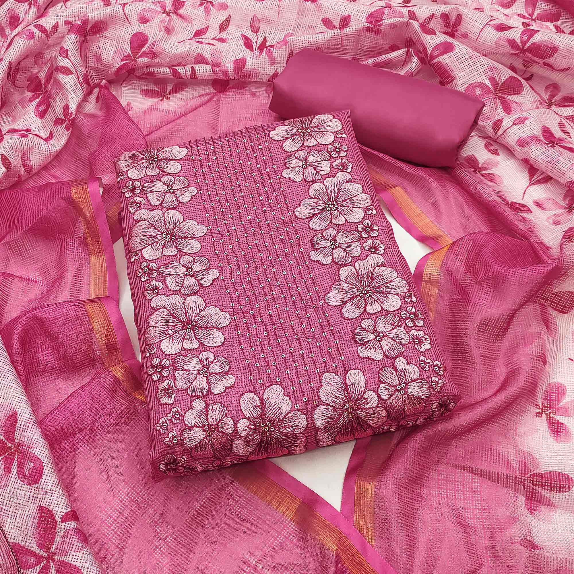 Pink Floral Embroidered Kota Doria Dress Material
