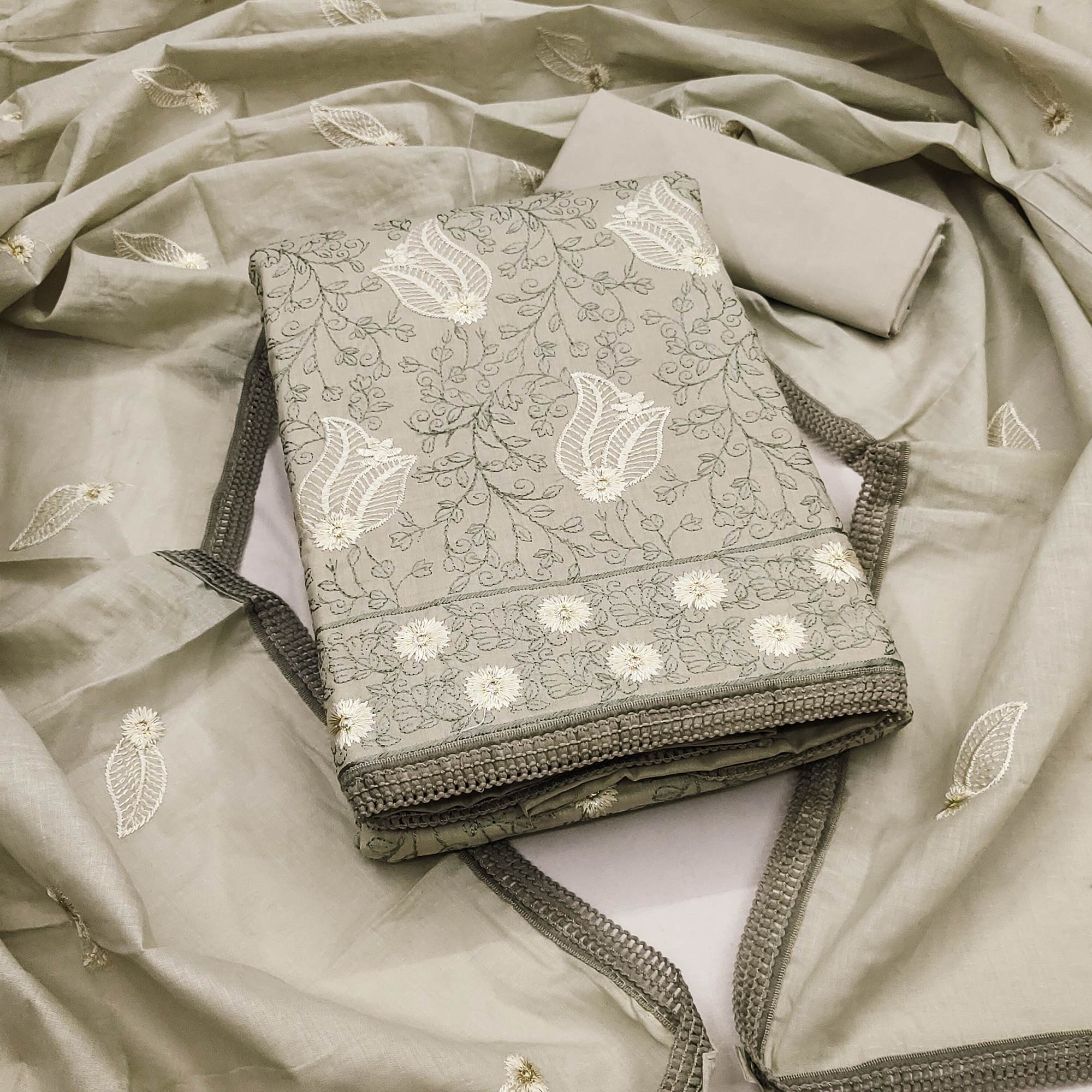 Beige Floral Embroidered Pure Cotton Dress Material