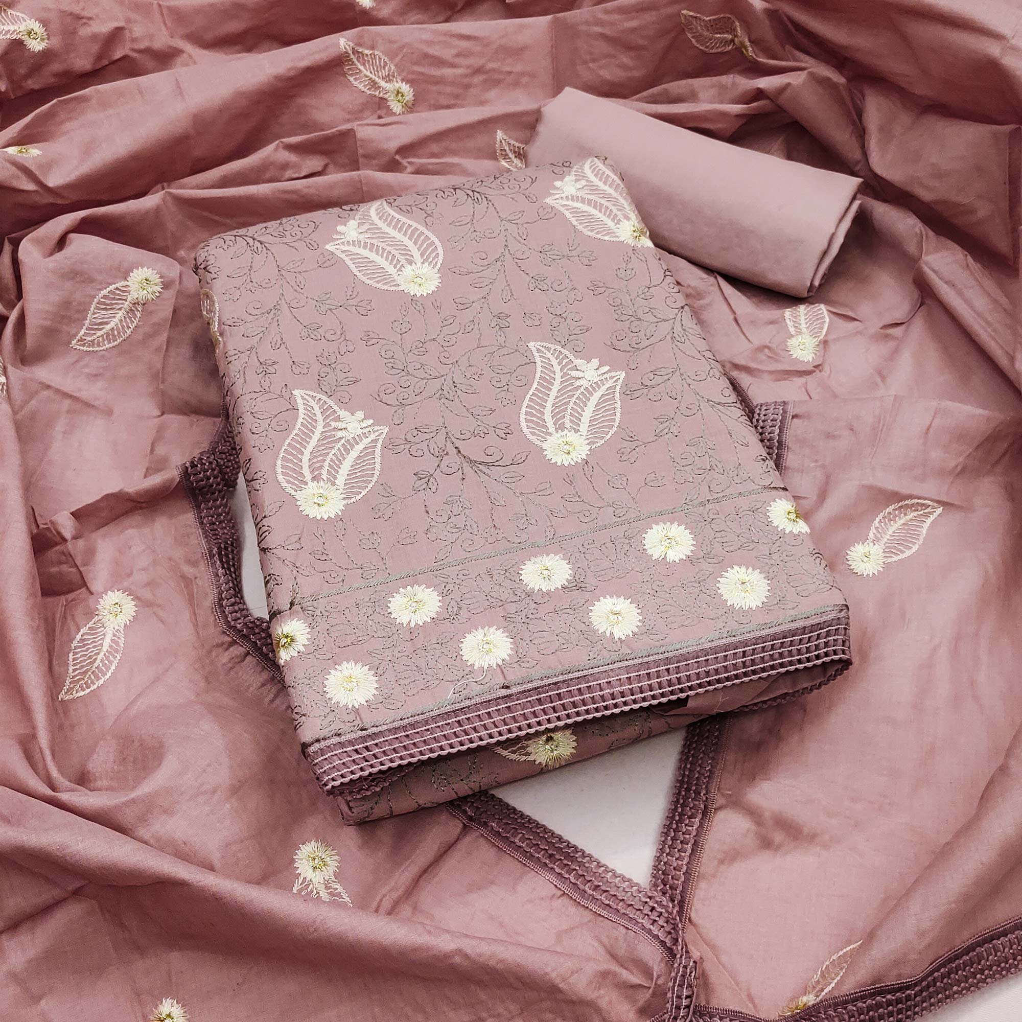 Dusty Pink Floral Embroidered Pure Cotton Dress Material