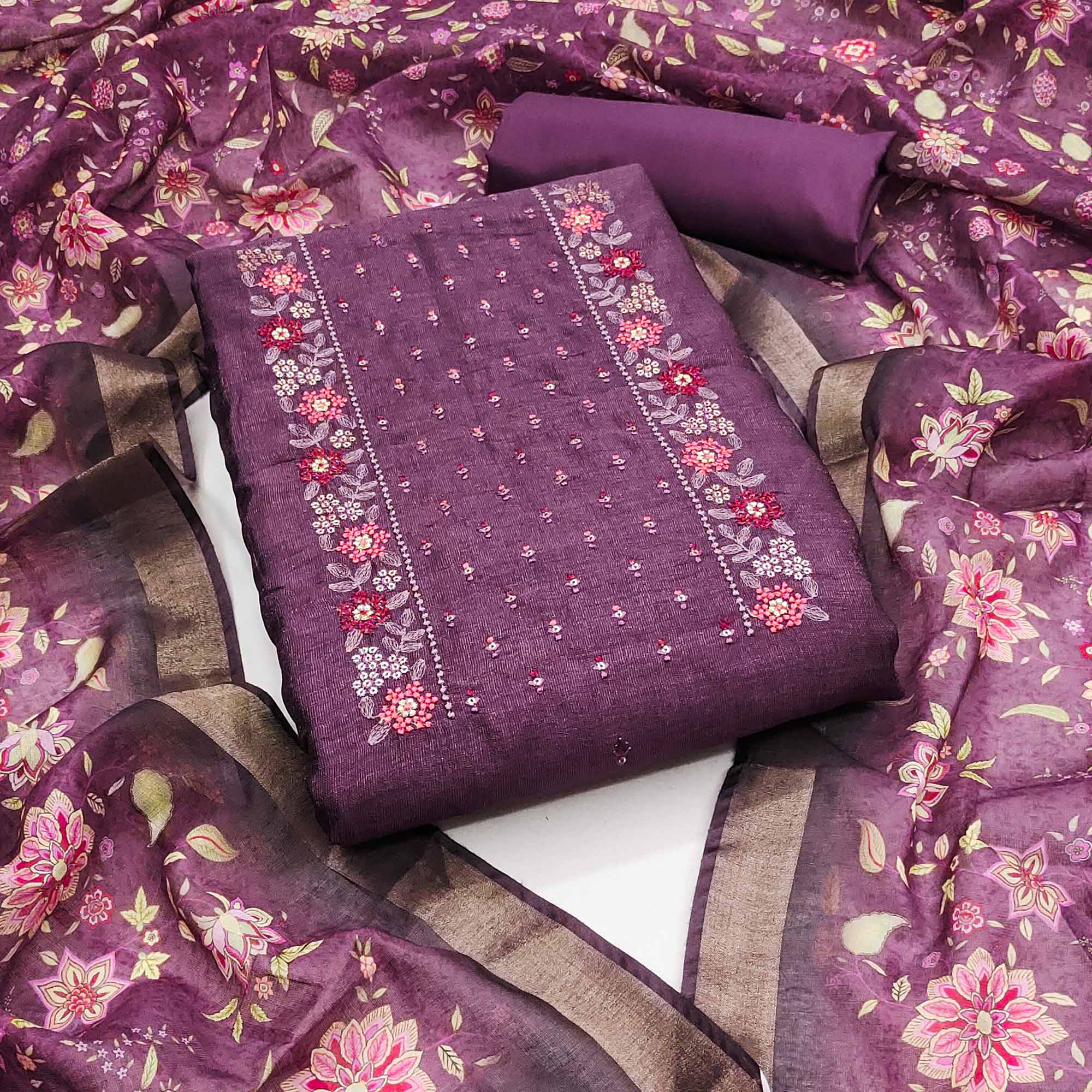 Purple Embroidered Vichitra Silk Dress Material