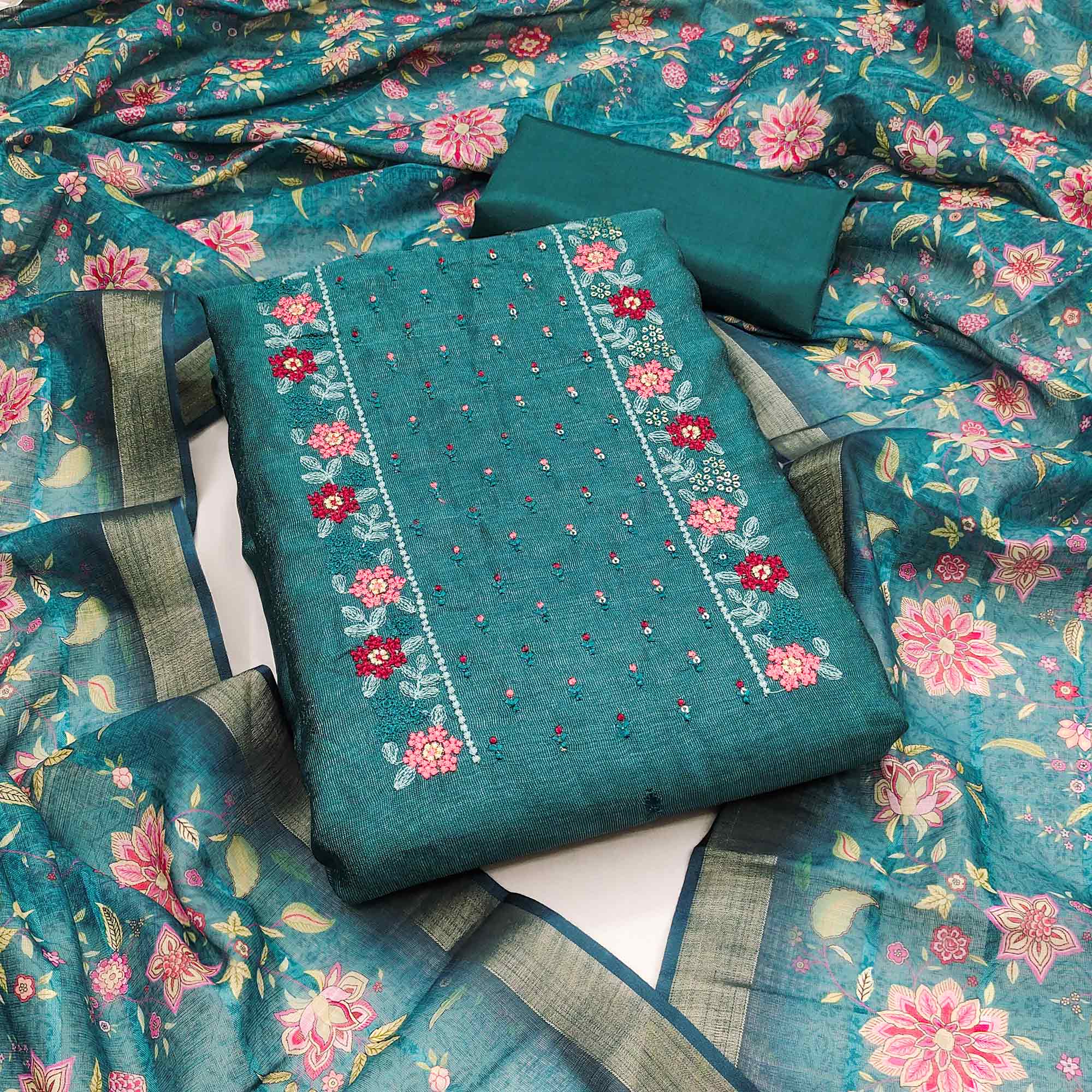 Teal Embroidered Vichitra Silk Dress Material