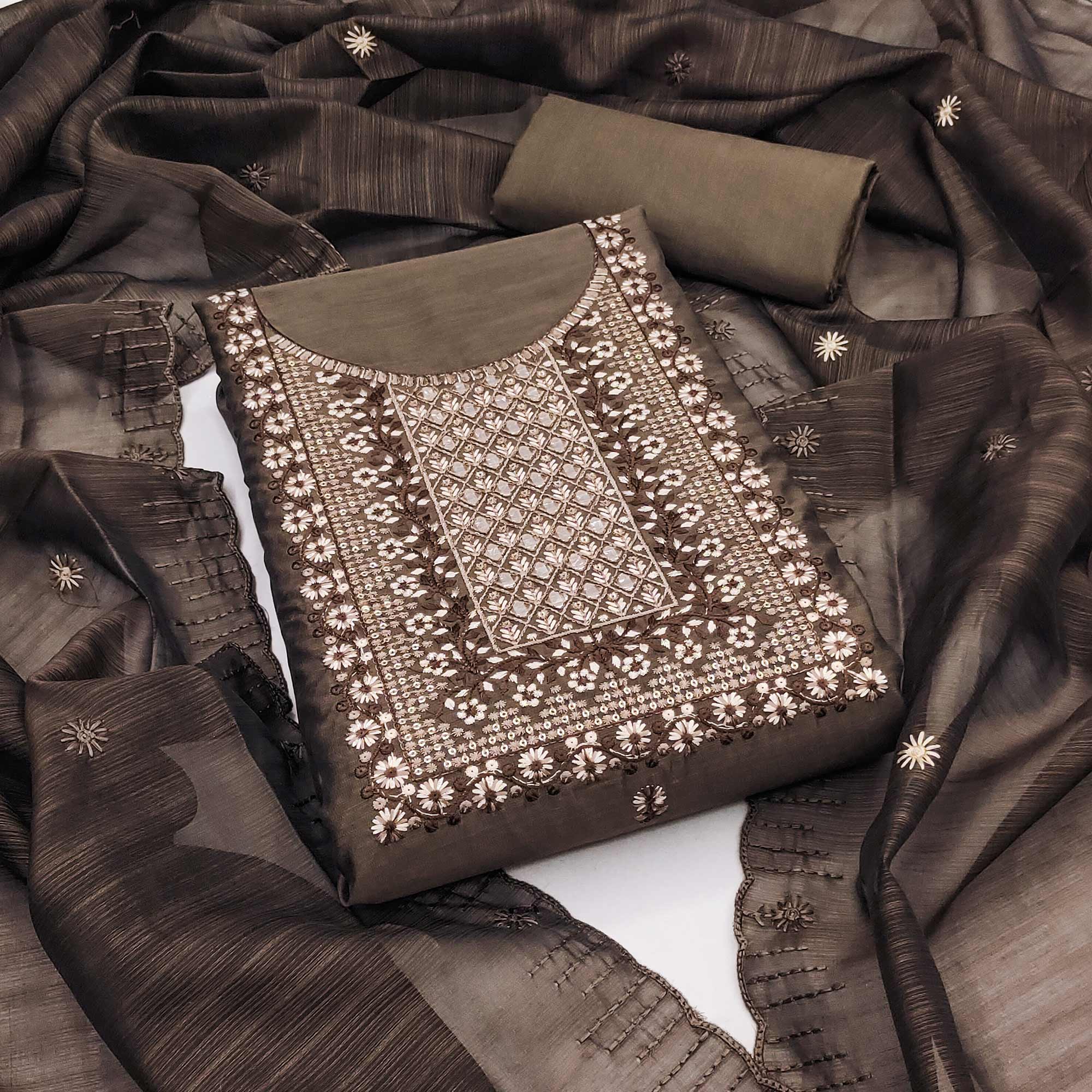 Brown Floral Embroidered Cotton Blend Dress Material