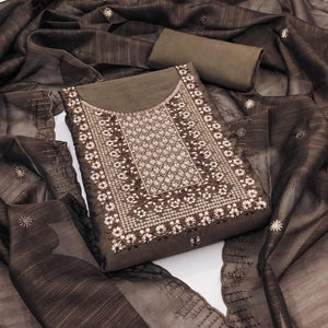 Brown Floral Embroidered Cotton Blend Dress Material