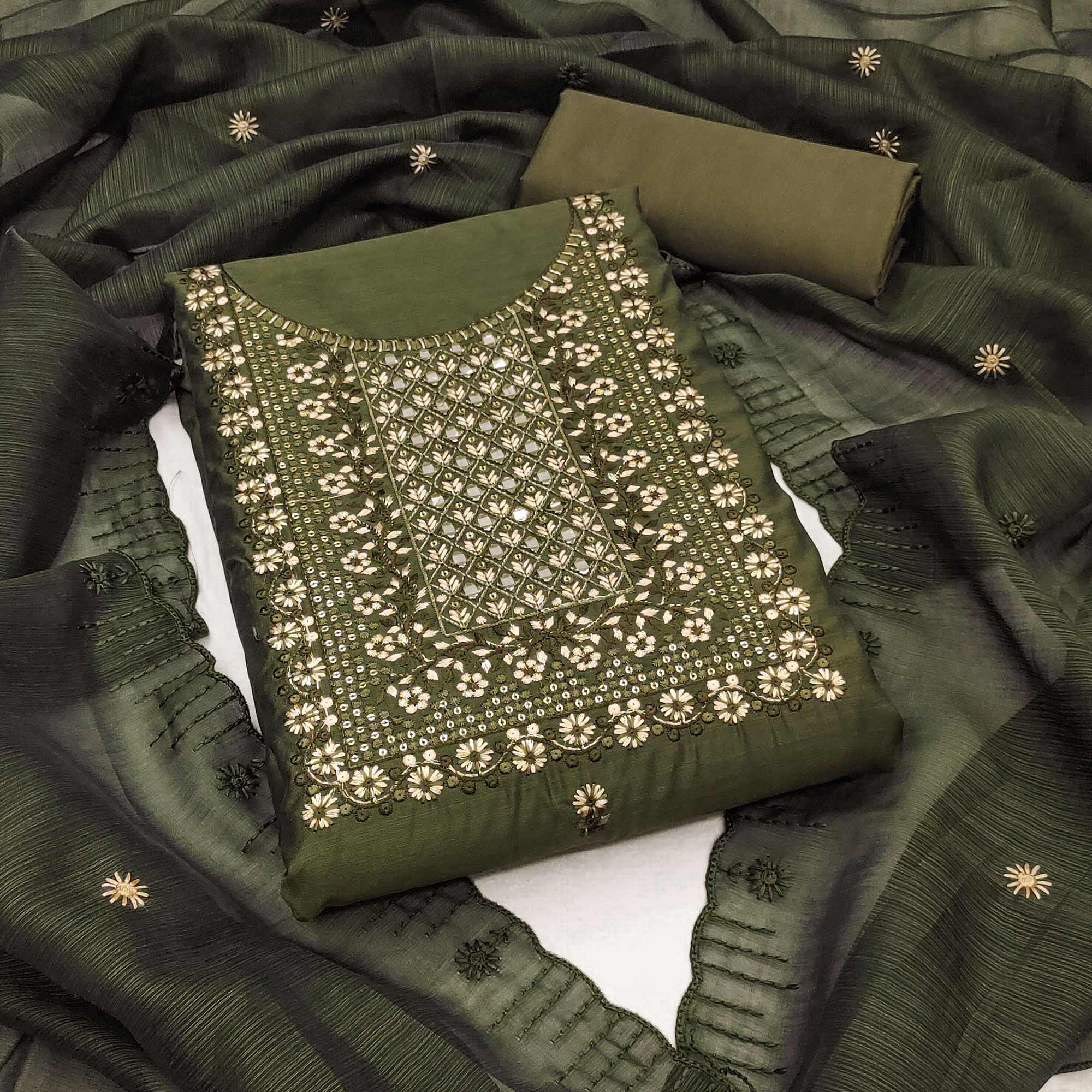 Green Floral Embroidered Cotton Blend Dress Material